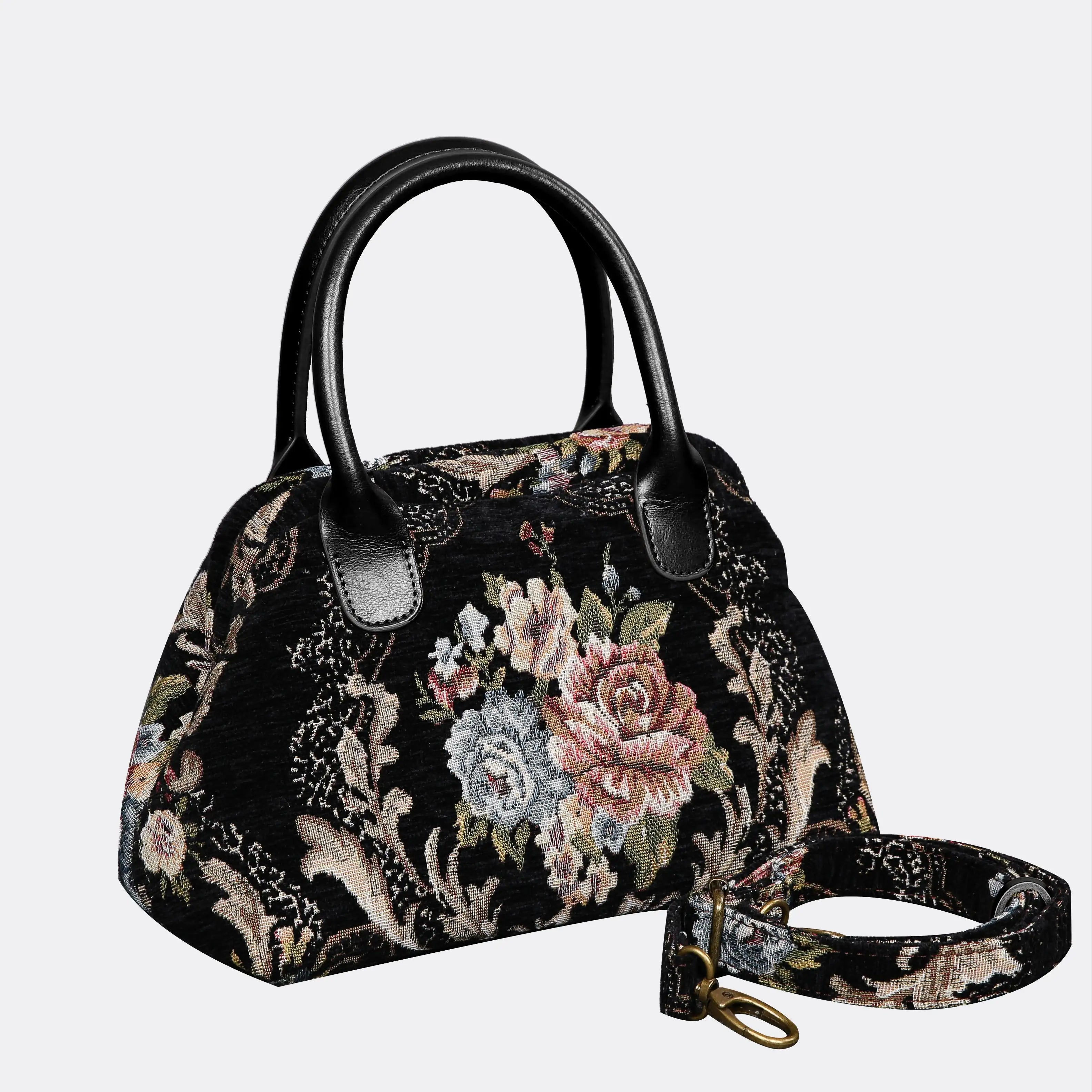 Floral Black Carpet Satchel carpet bag MCW Handmade of America with strap
