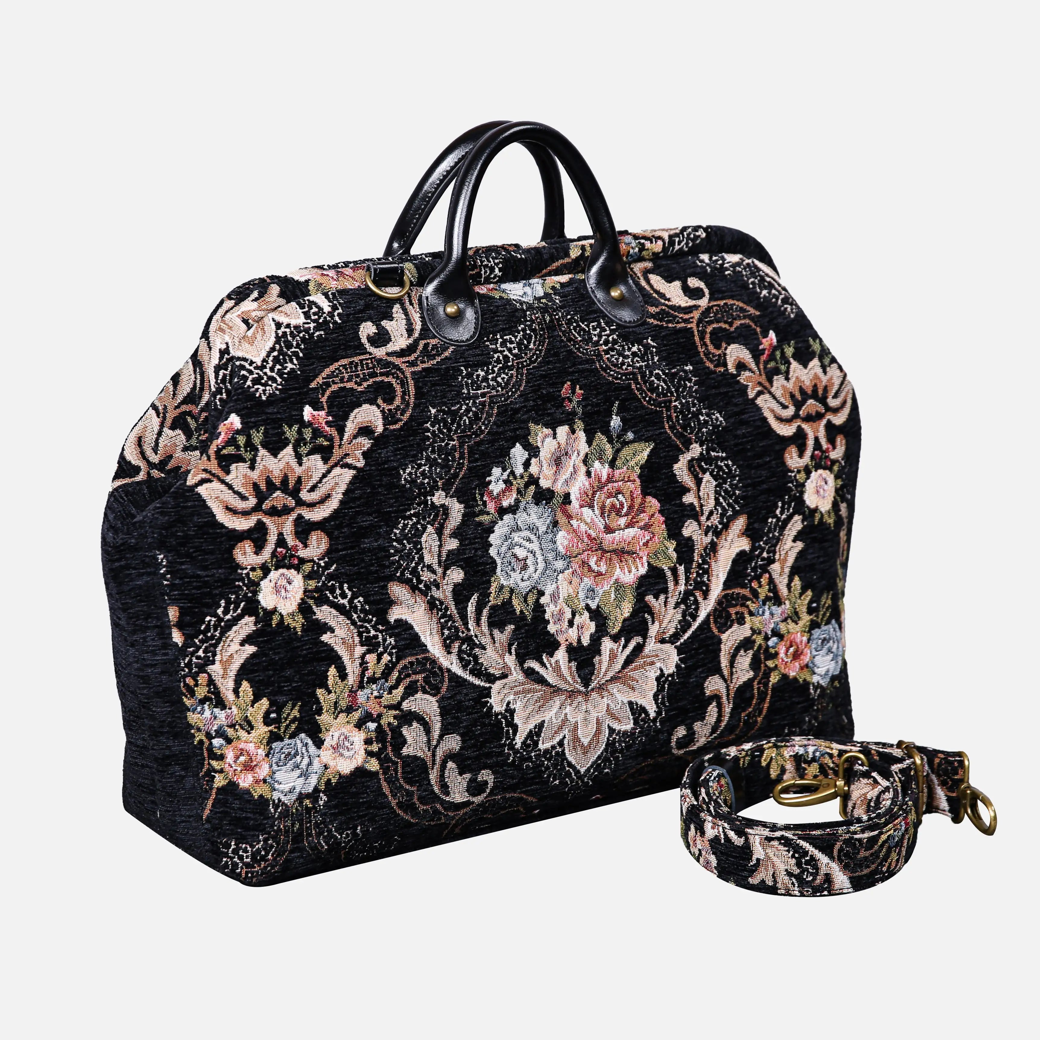 Floral Black Leather Black Laptop Work Bag carpet bag of America with shoulder strap