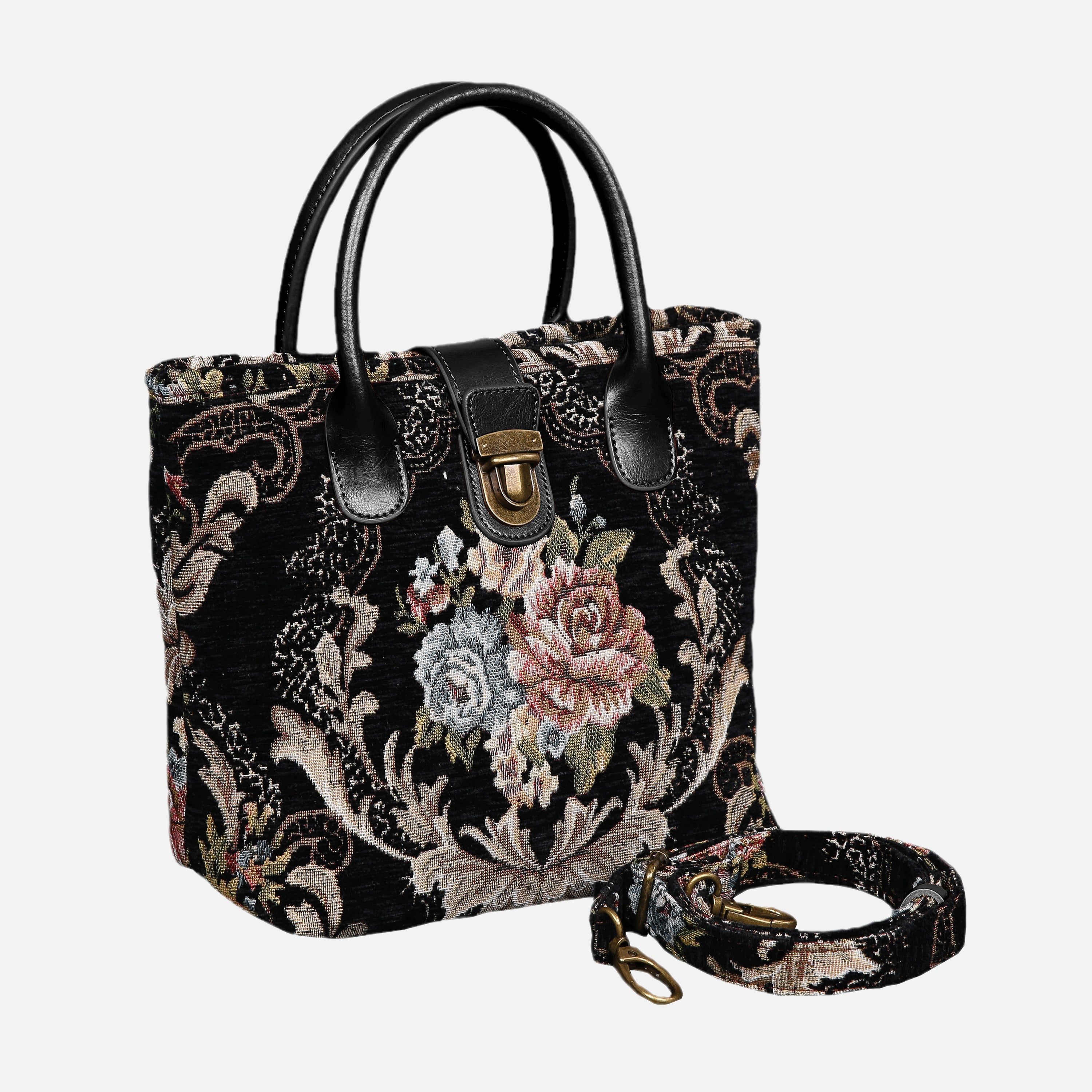 Floral Black Leather Black Tuck Lock Carpet Satchel carpet bag MCW Handmade of America with strap