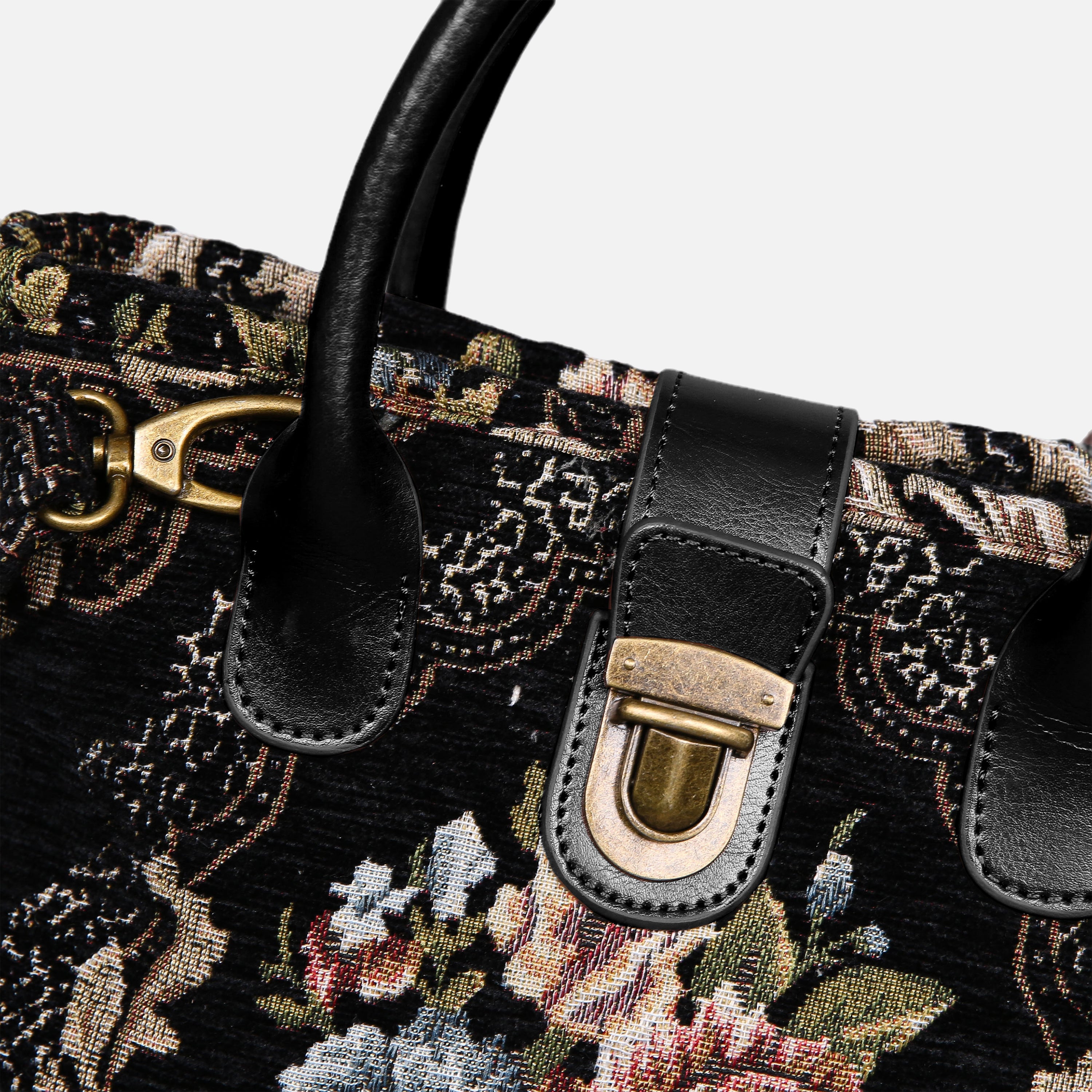 Floral Black Leather Black Tuck Lock Carpet Satchel carpet bag MCW Handmade of America details