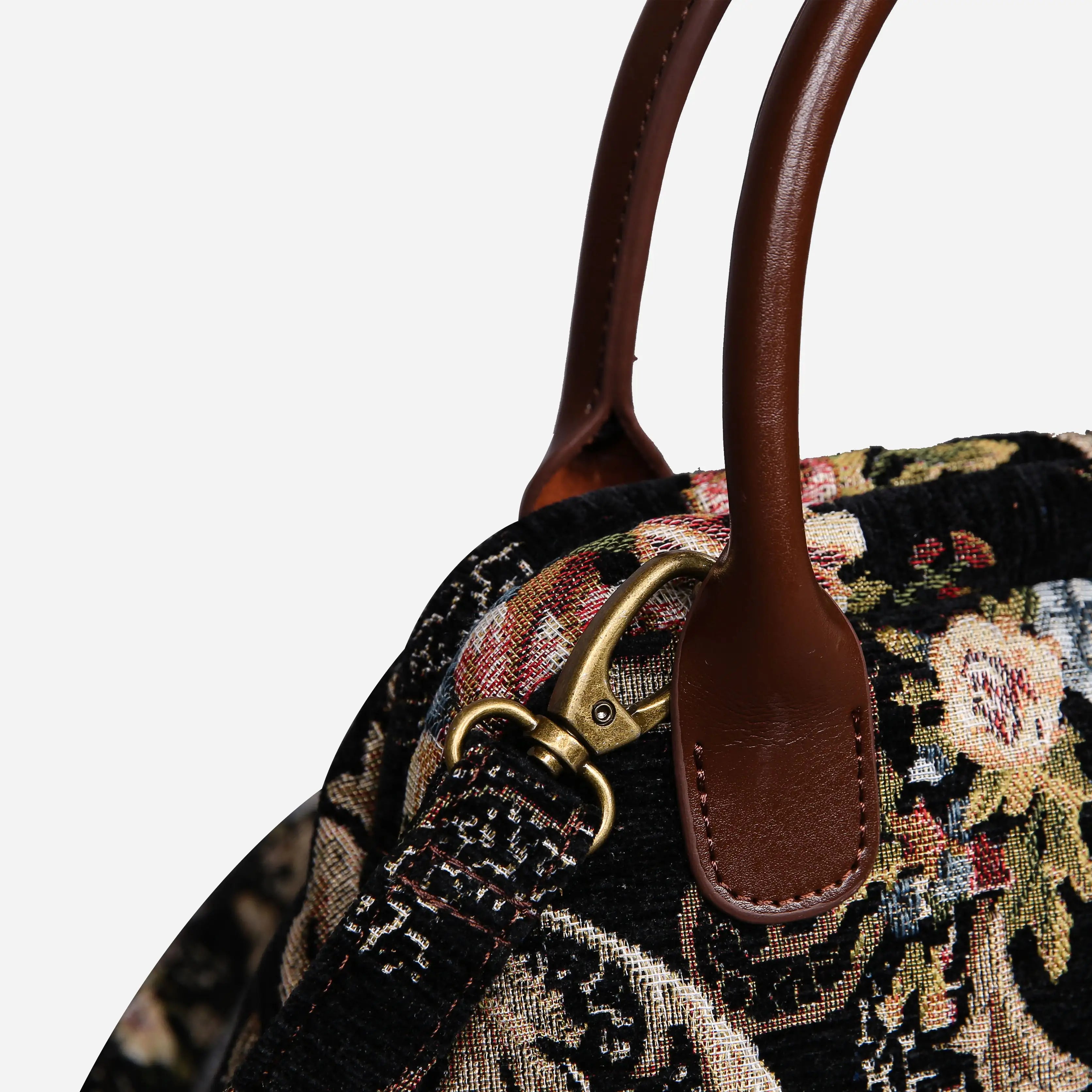 Floral Black Leather Brown Carpet Satchel carpet bag MCW Handmade of America buckle