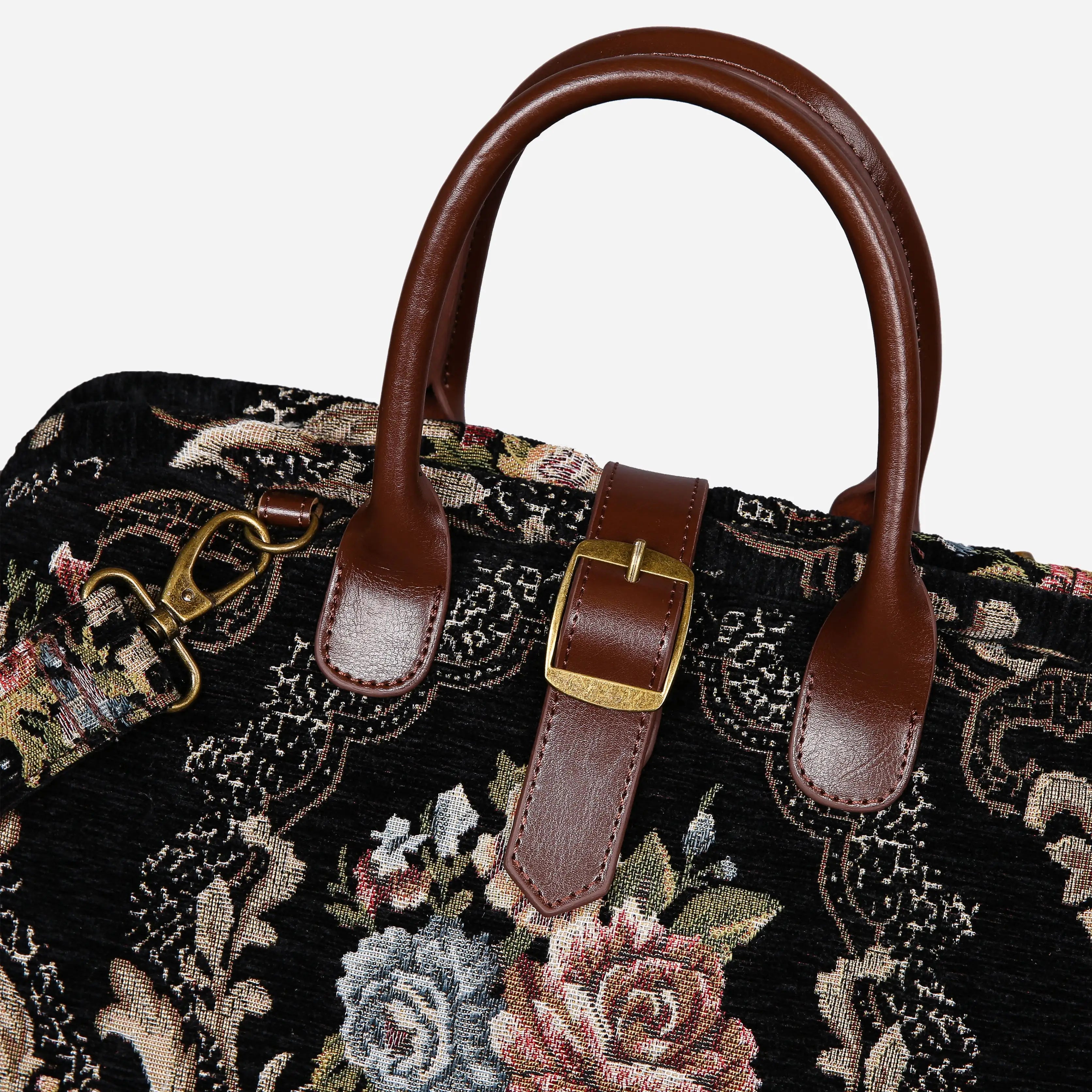 Floral Black Leather Brown Mary Poppins Weekender Carpetbag of America buckle