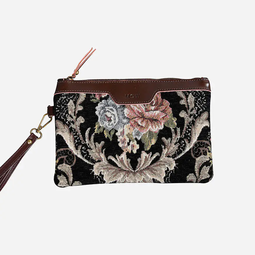 Floral Black Leather Brown Wristlet Clutch