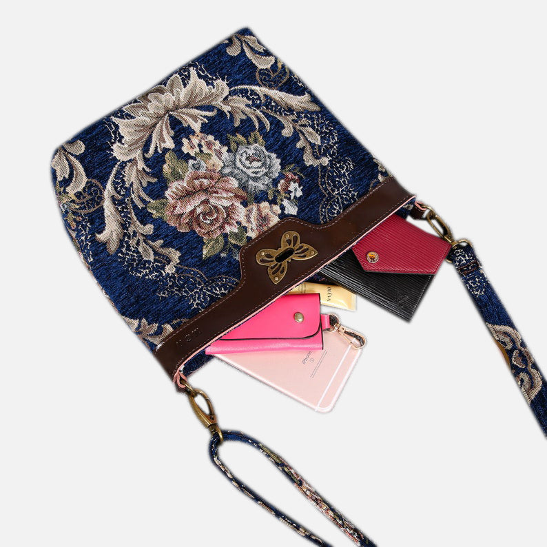 Floral Blue Butterfly Crossbody Bag Carpetbag of America capacity