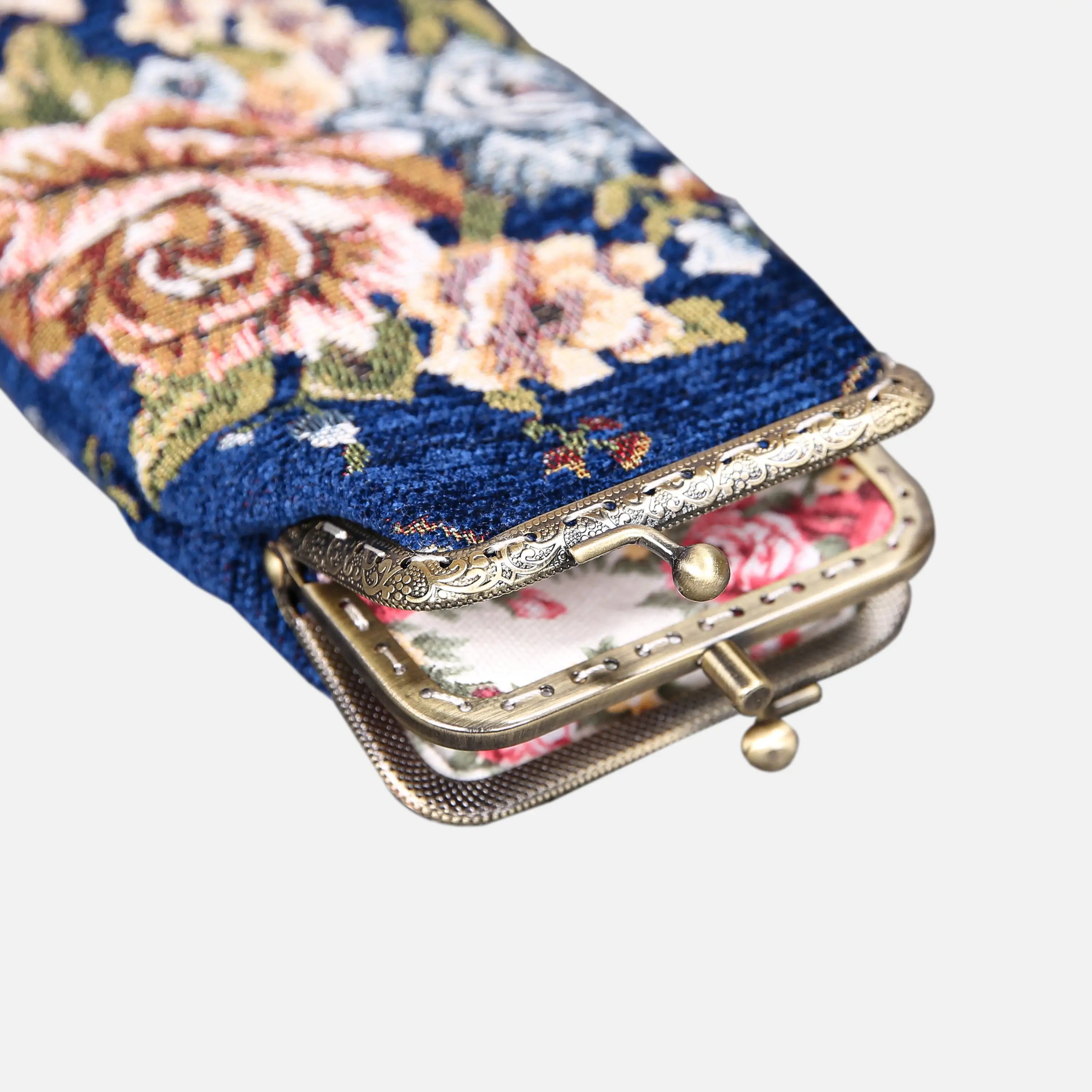 Floral Blue Carpet Eyeglasses Case of America the metal clamp opens-2