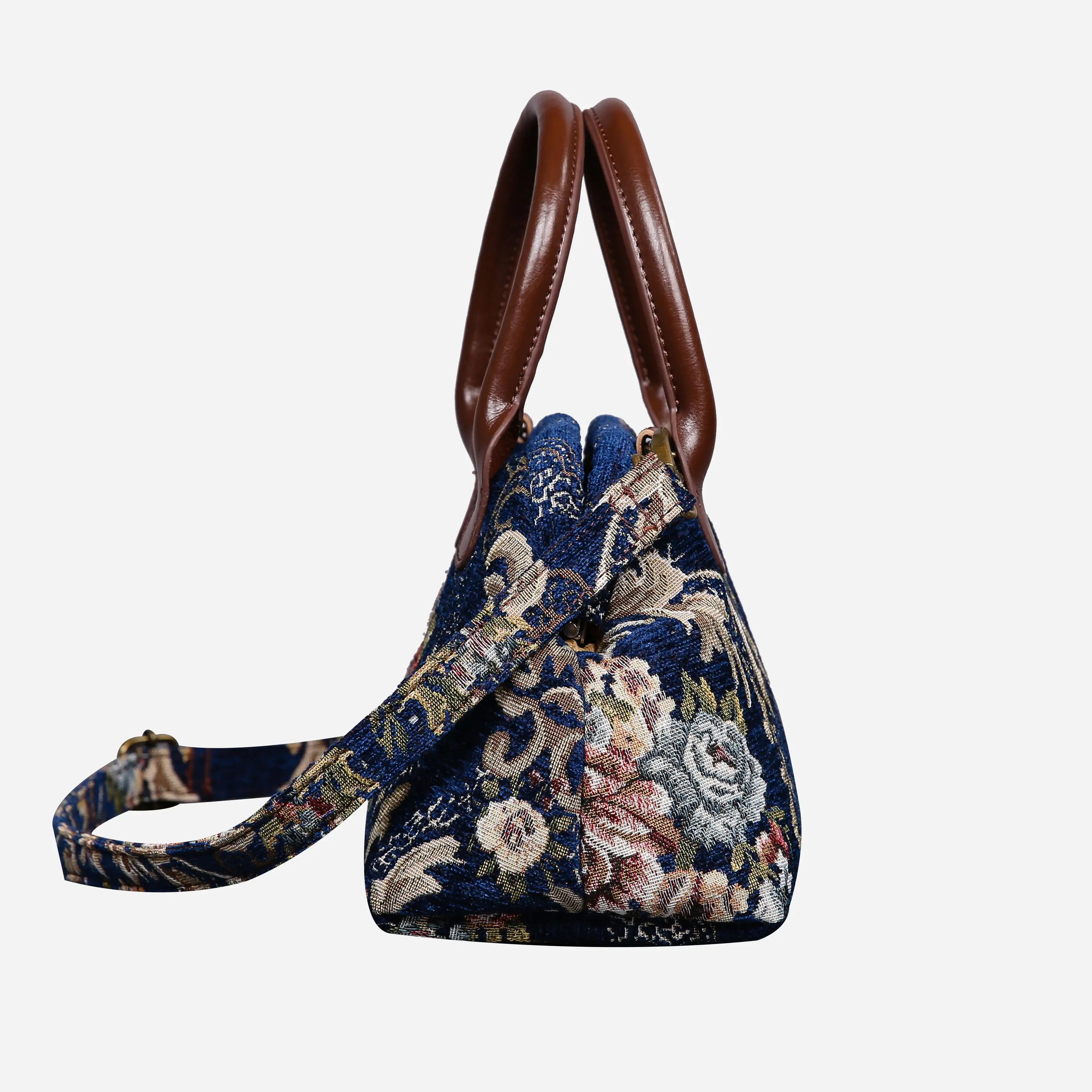 Floral Blue Carpet Satchel carpet bag MCW Handmade of America side