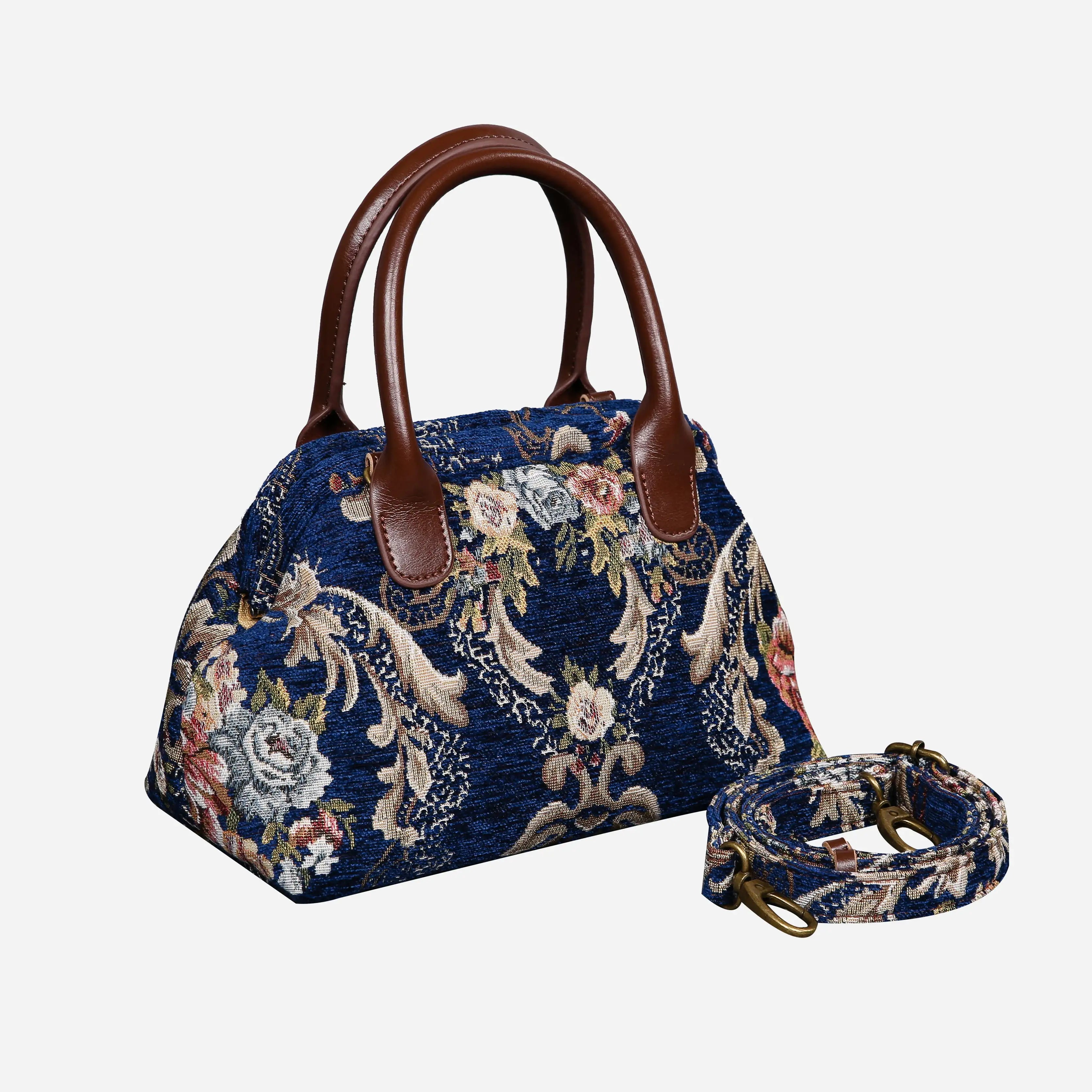 Floral Blue Carpet Satchel carpet bag MCW Handmade of America with strap