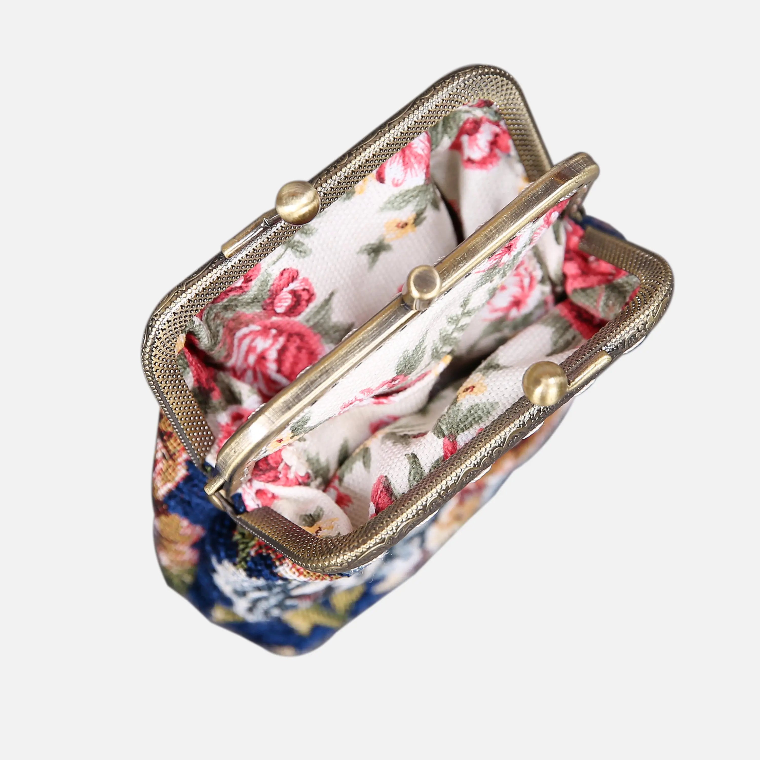 Floral Blue Double Kiss Clasp Coin Purse of America openning-5