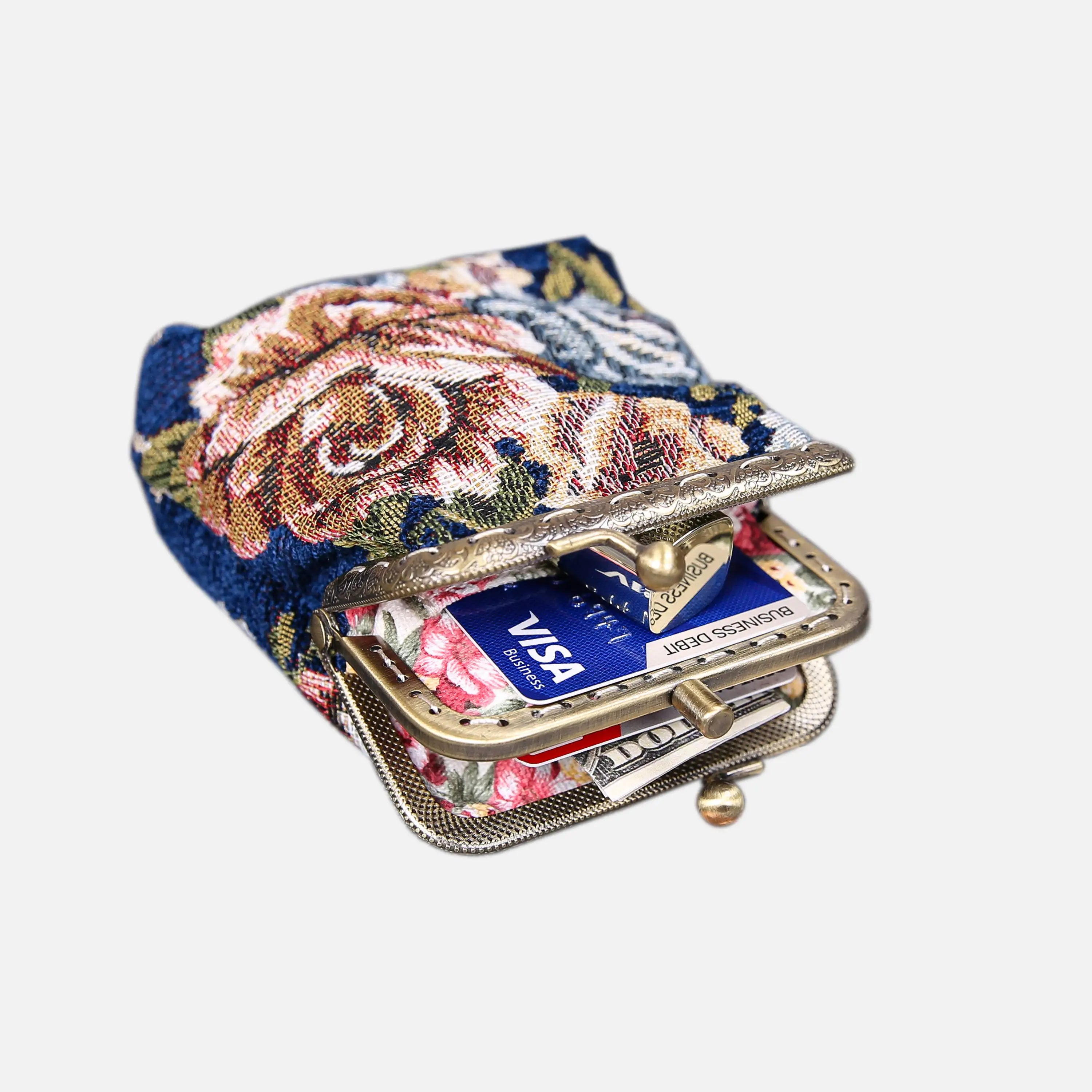 Floral Blue Double Kiss Clasp Coin Purse of America in use-3