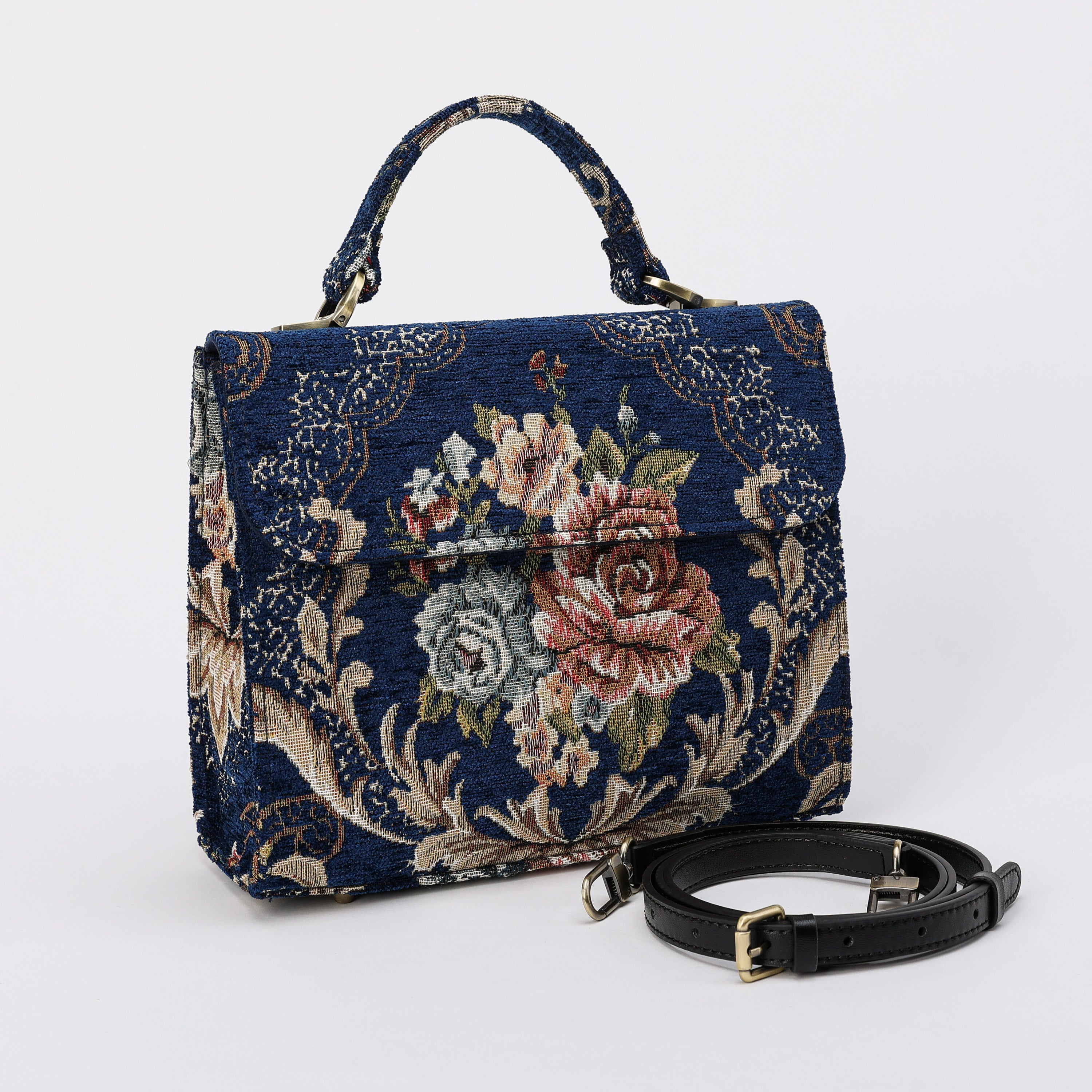 Floral Blue Flap Satchel Carpetbag of America front side
