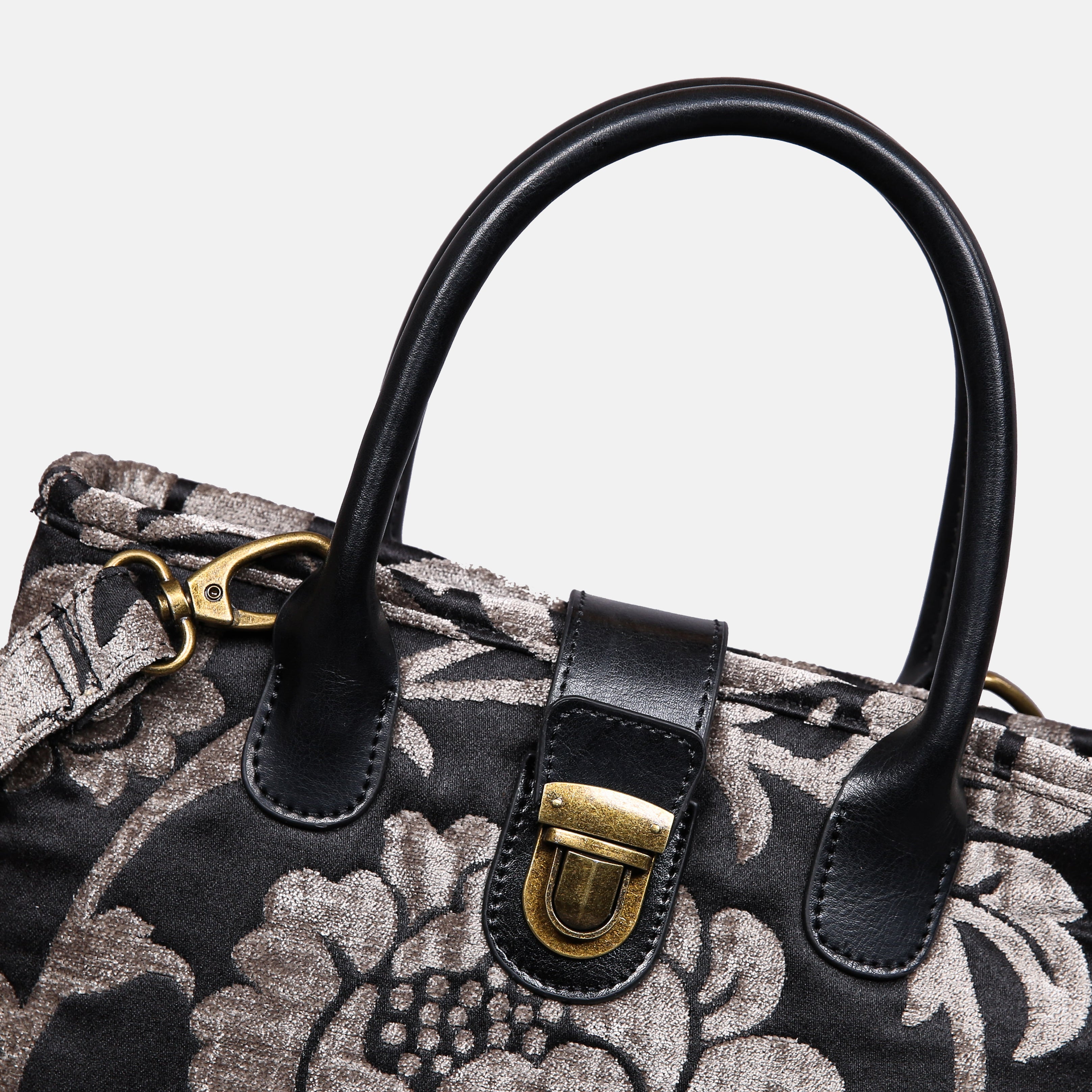 Floral Brocade Grey Tuck Lock Carpet Satchel carpet bag MCW Handmade of America details