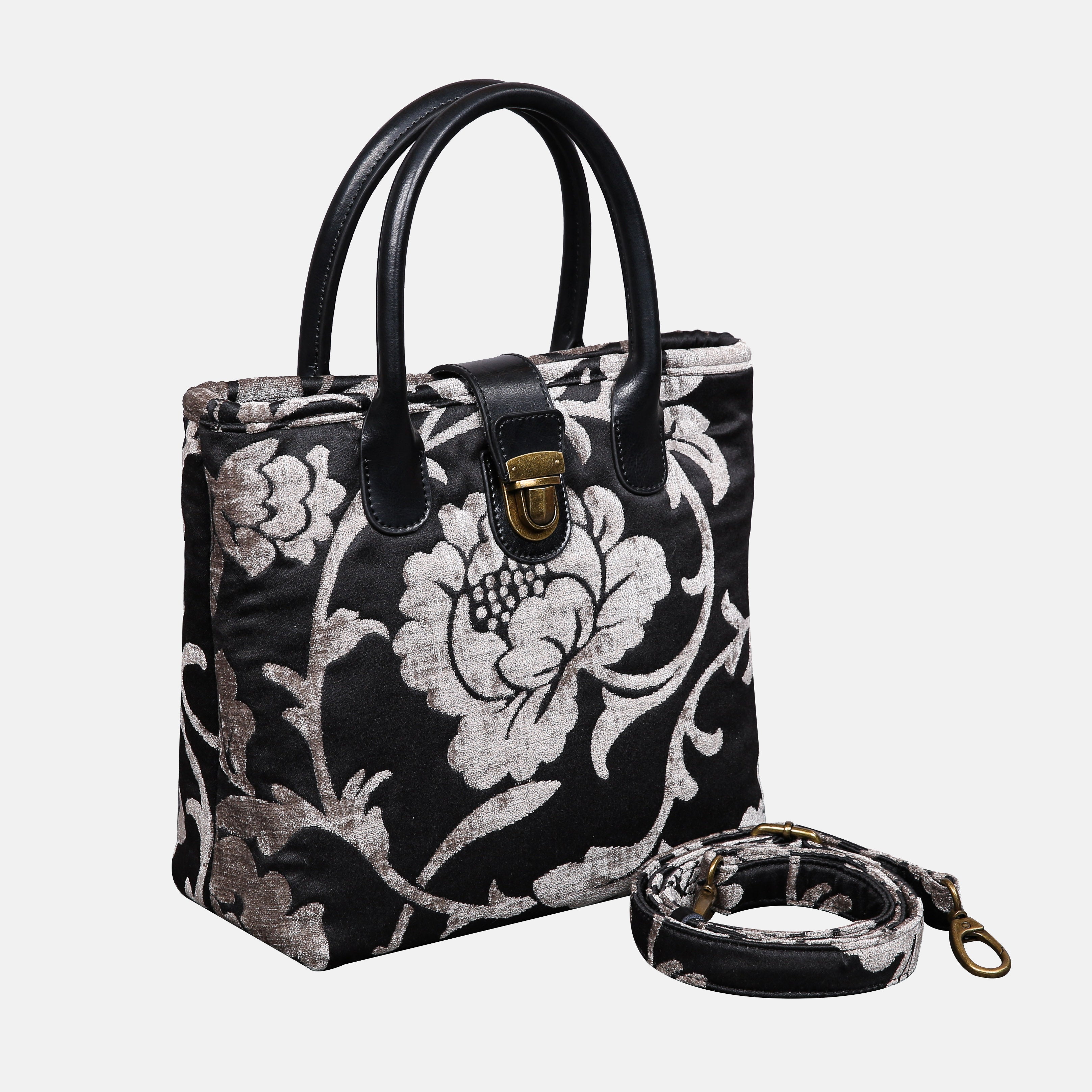 Floral Brocade Grey Tuck Lock Carpet Satchel carpet bag MCW Handmade of America with strap