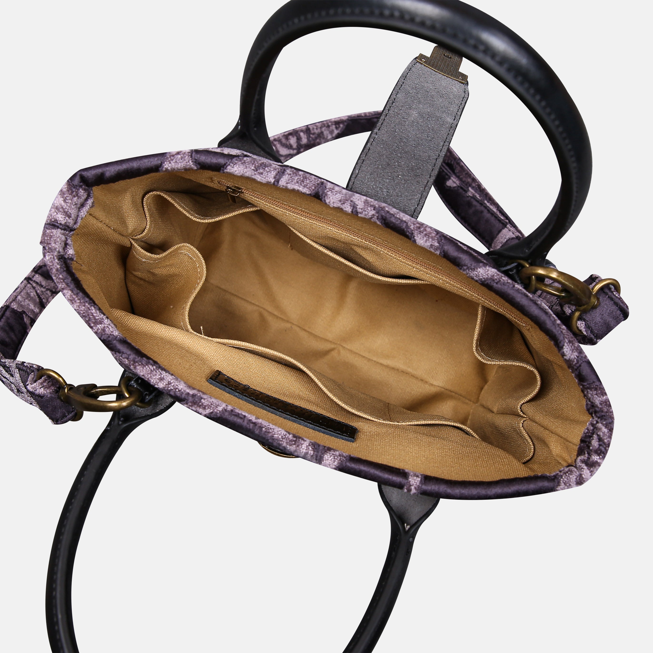 Floral Brocade Purple Tuck Lock Carpet Satchel carpet bag MCW Handmade of America inside