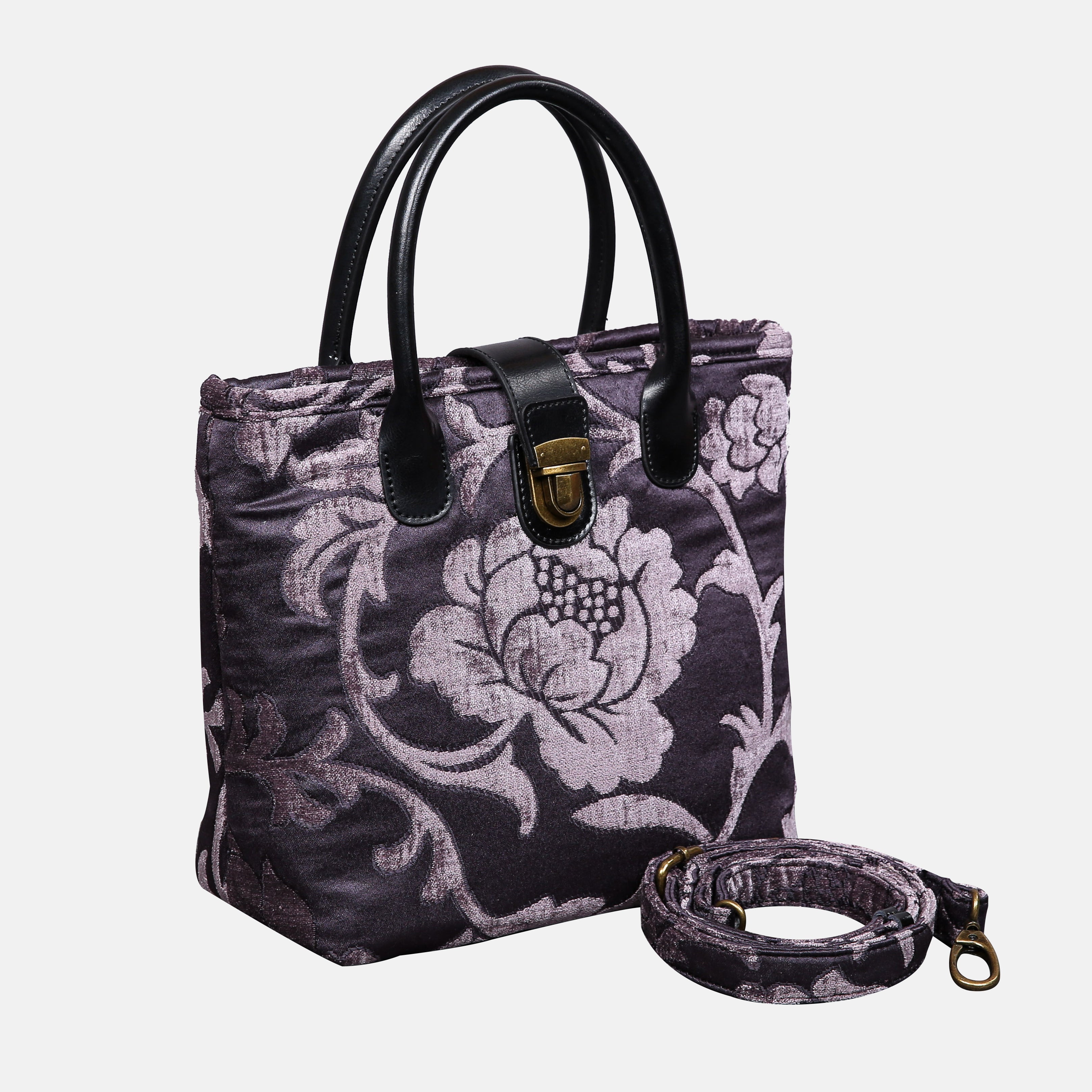 Floral Brocade Purple Tuck Lock Carpet Satchel carpet bag MCW Handmade of America with strap