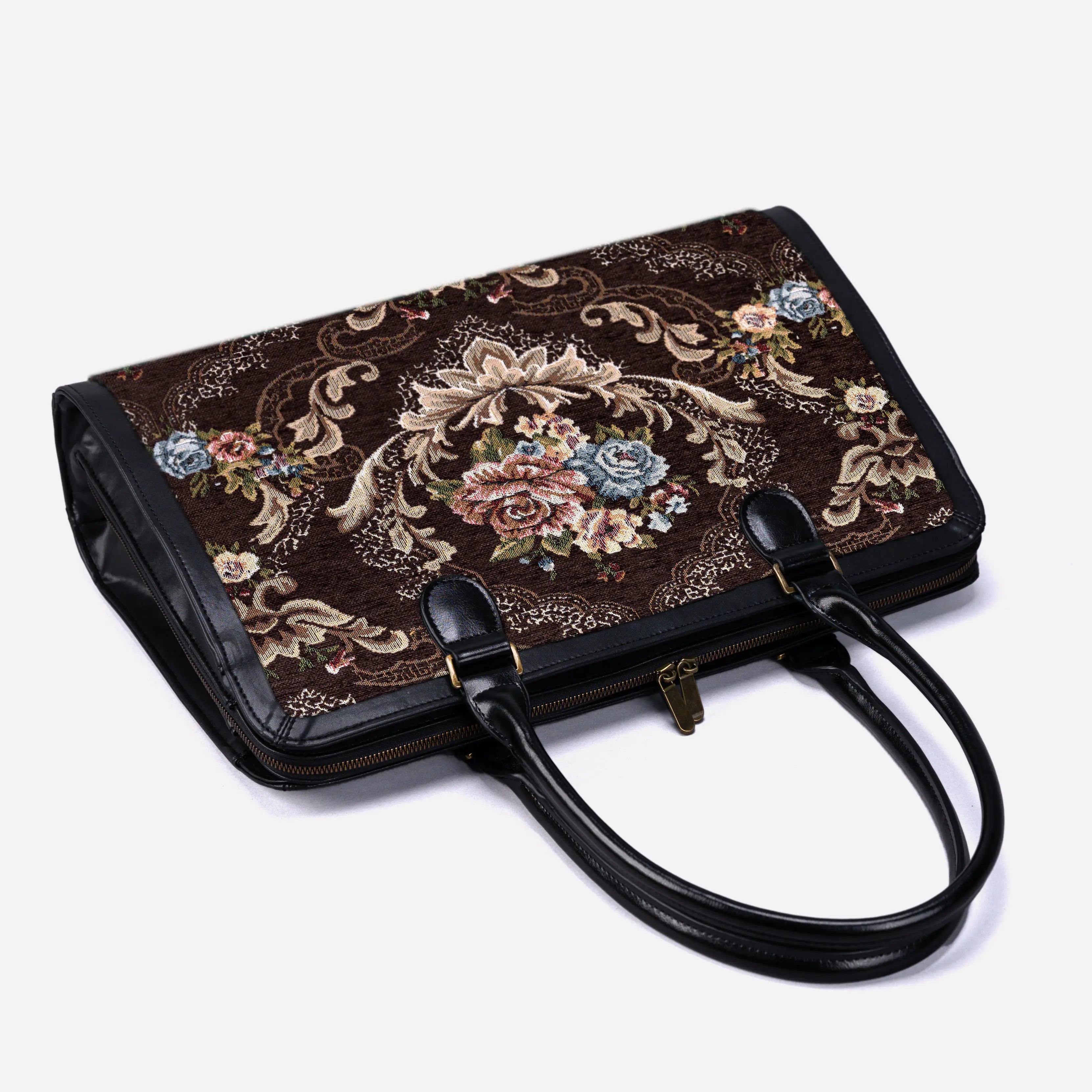 Floral brown Business Tote of America lay flat