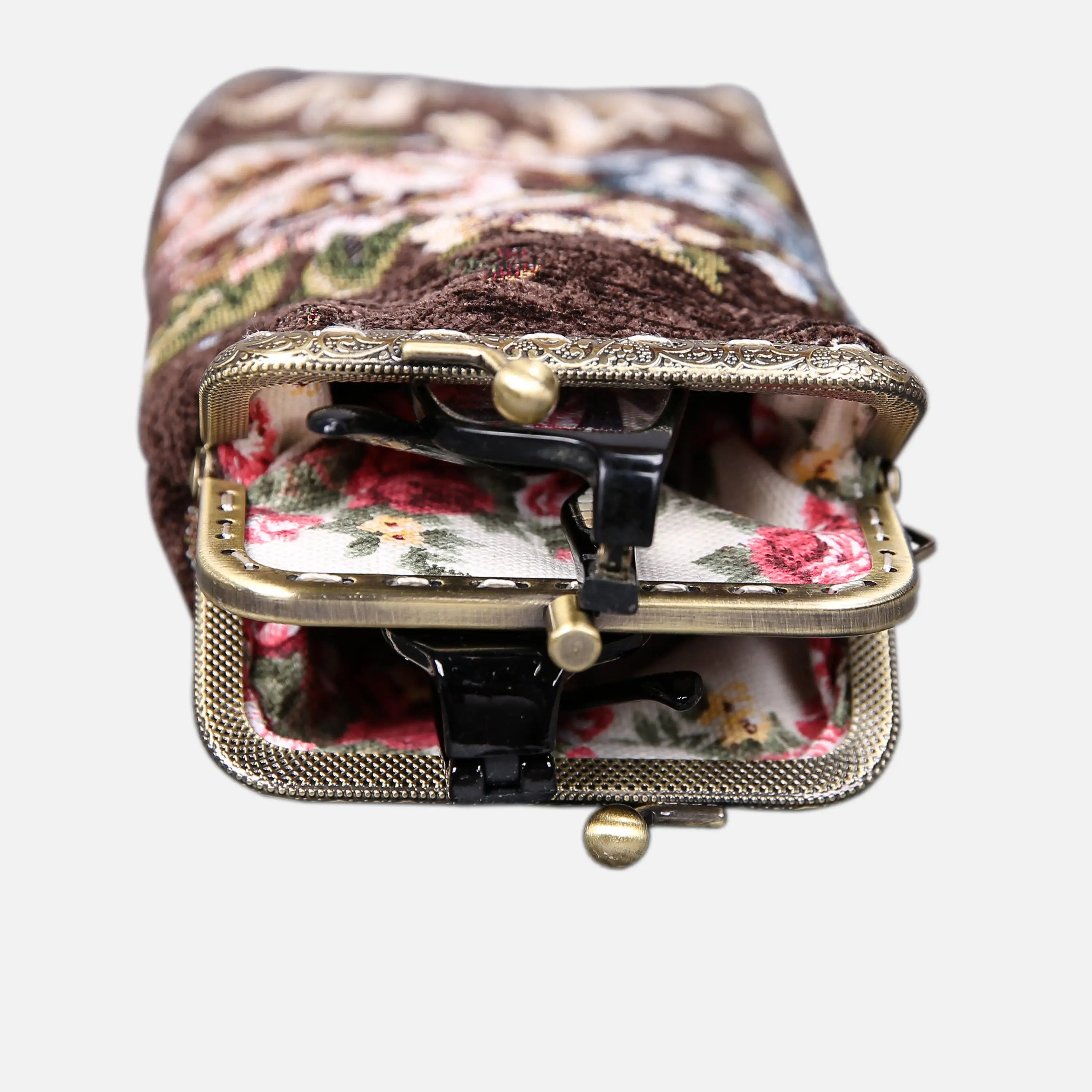 Floral Brown Carpet Eyeglasses Case of America the metal clamp opens-4