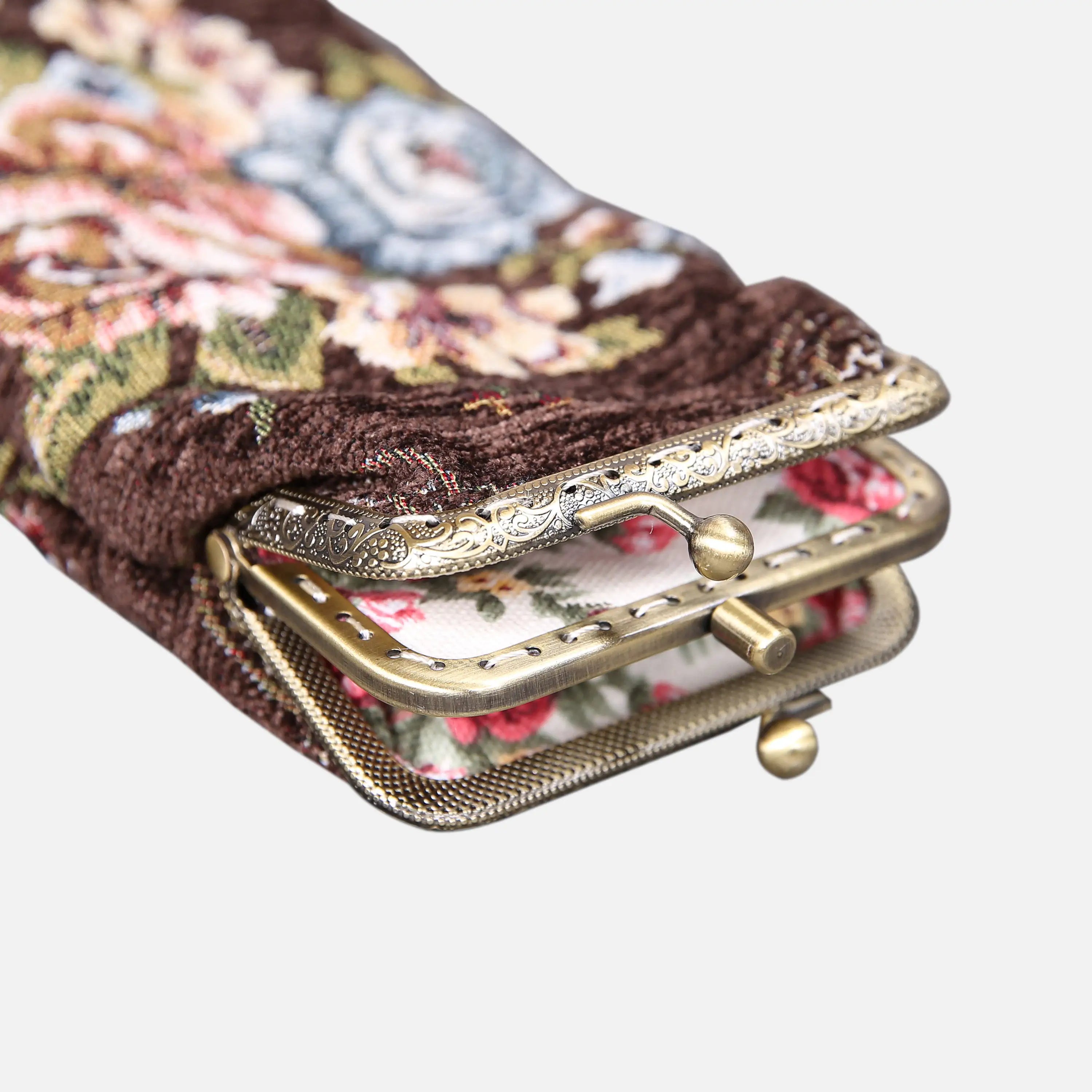 Floral Brown Carpet Eyeglasses Case of America the metal clamp opens-3