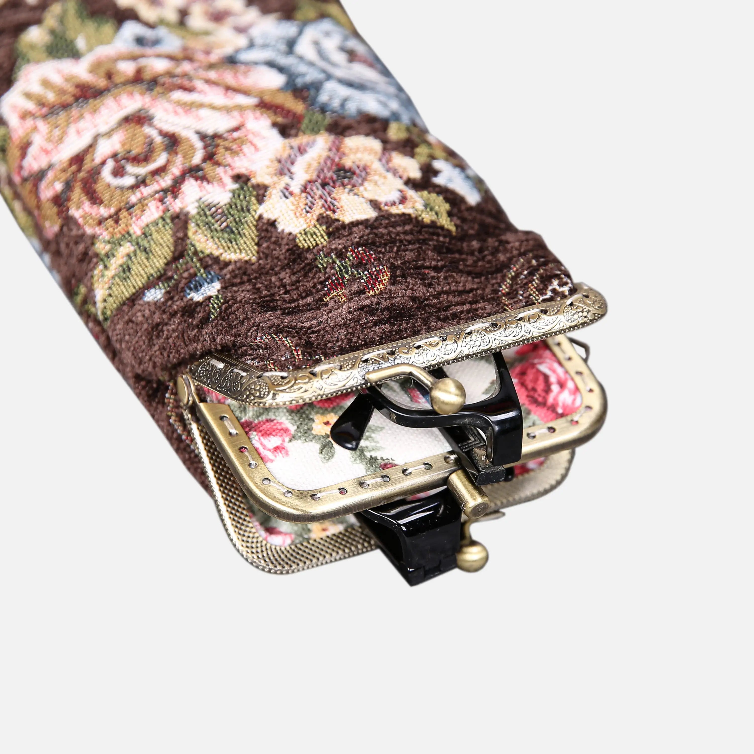 Floral Brown Carpet Eyeglasses Case of America the metal clamp opens-2