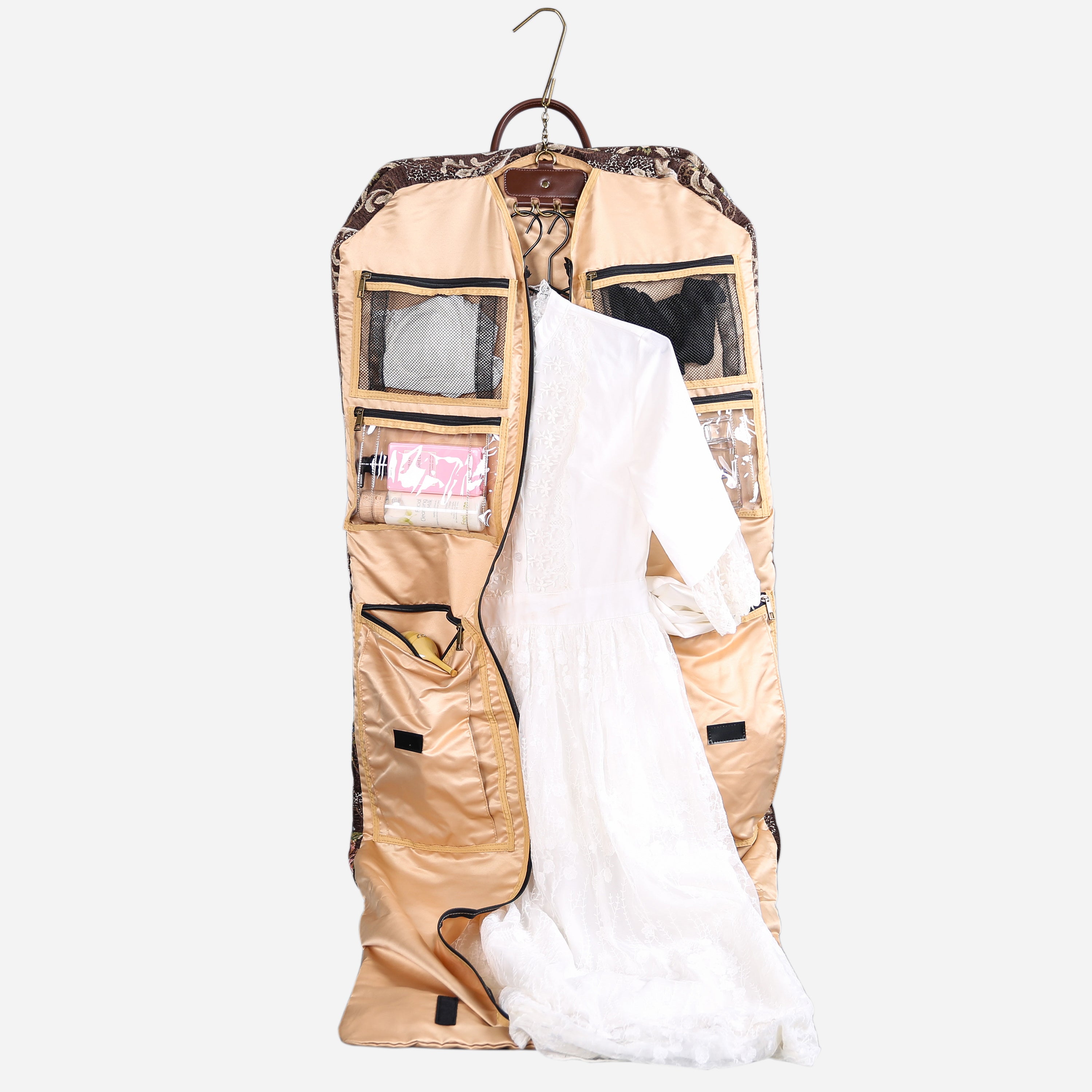 Floral Brown Carpet Garment Bag carpet bag of America in use