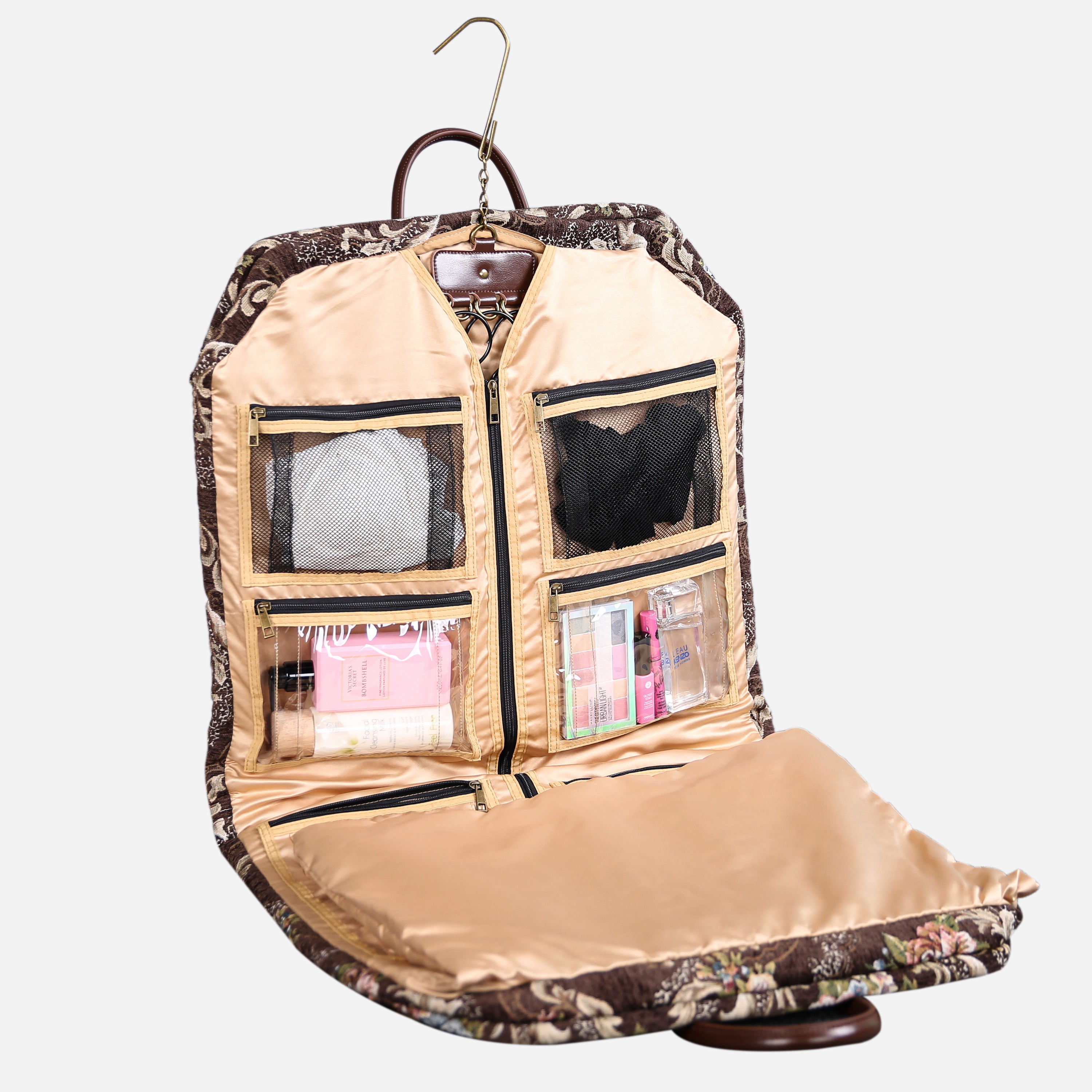 Floral Brown Carpet Garment Bag carpet bag of America in use