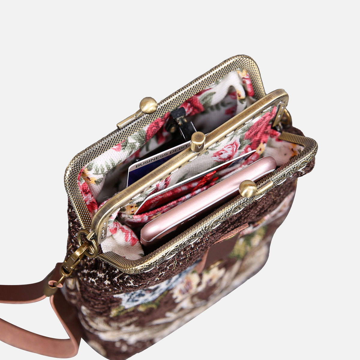 Floral Brown Carpet Phone Case Carpetbag of America in use