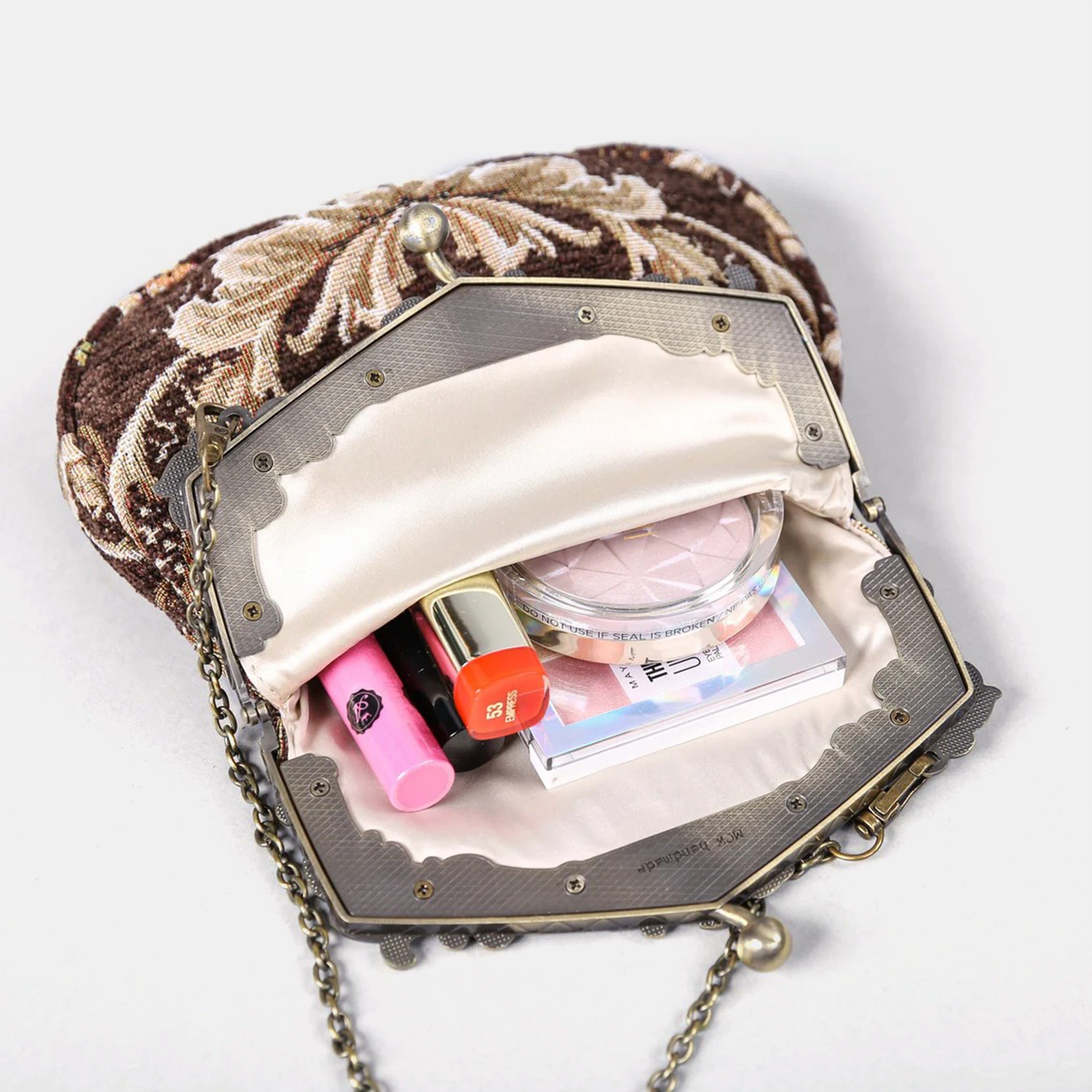 Floral Brown Chatelaine Purse Large carpet bag of America in use