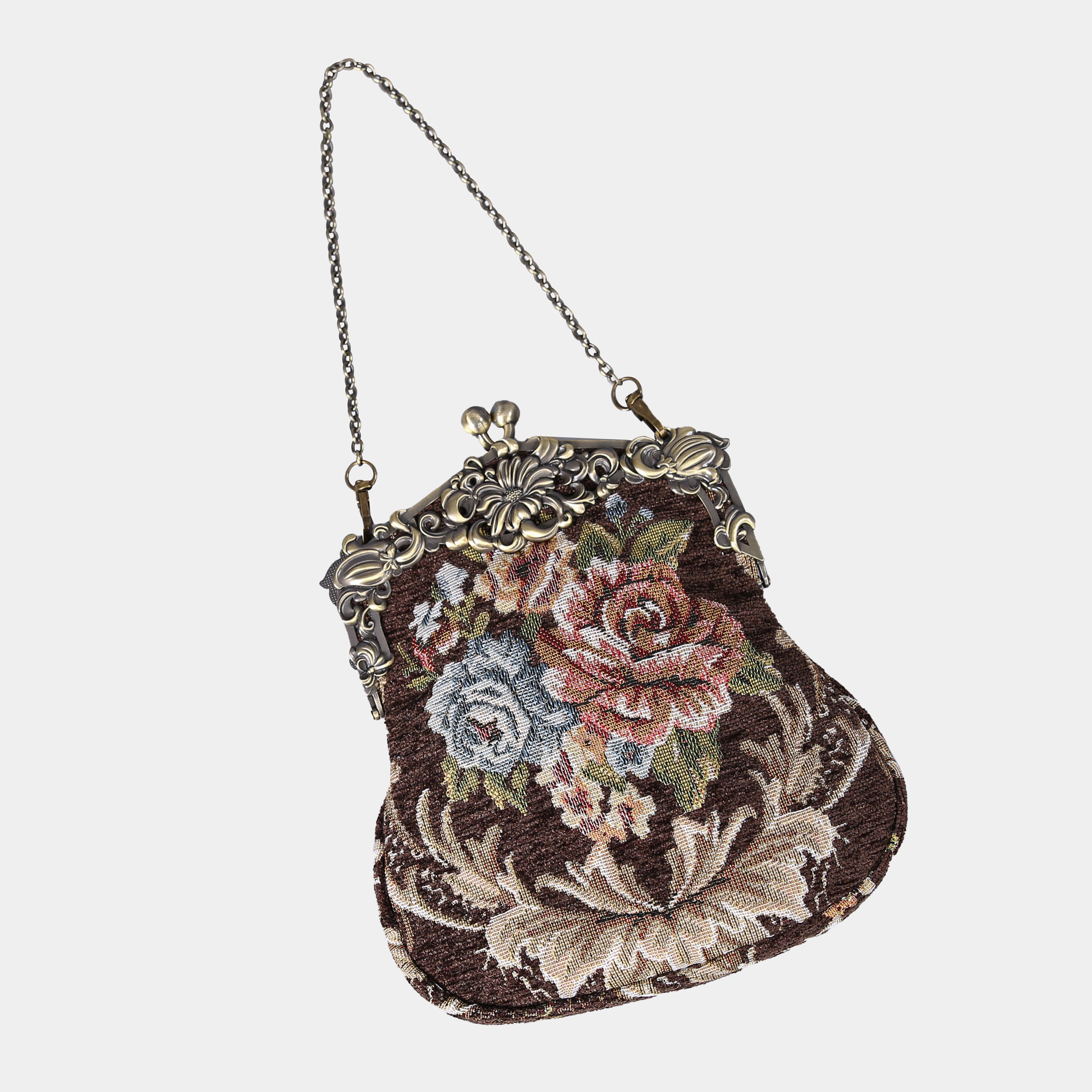 Floral Brown Chatelaine Purse Large carpet bag of America lay flat