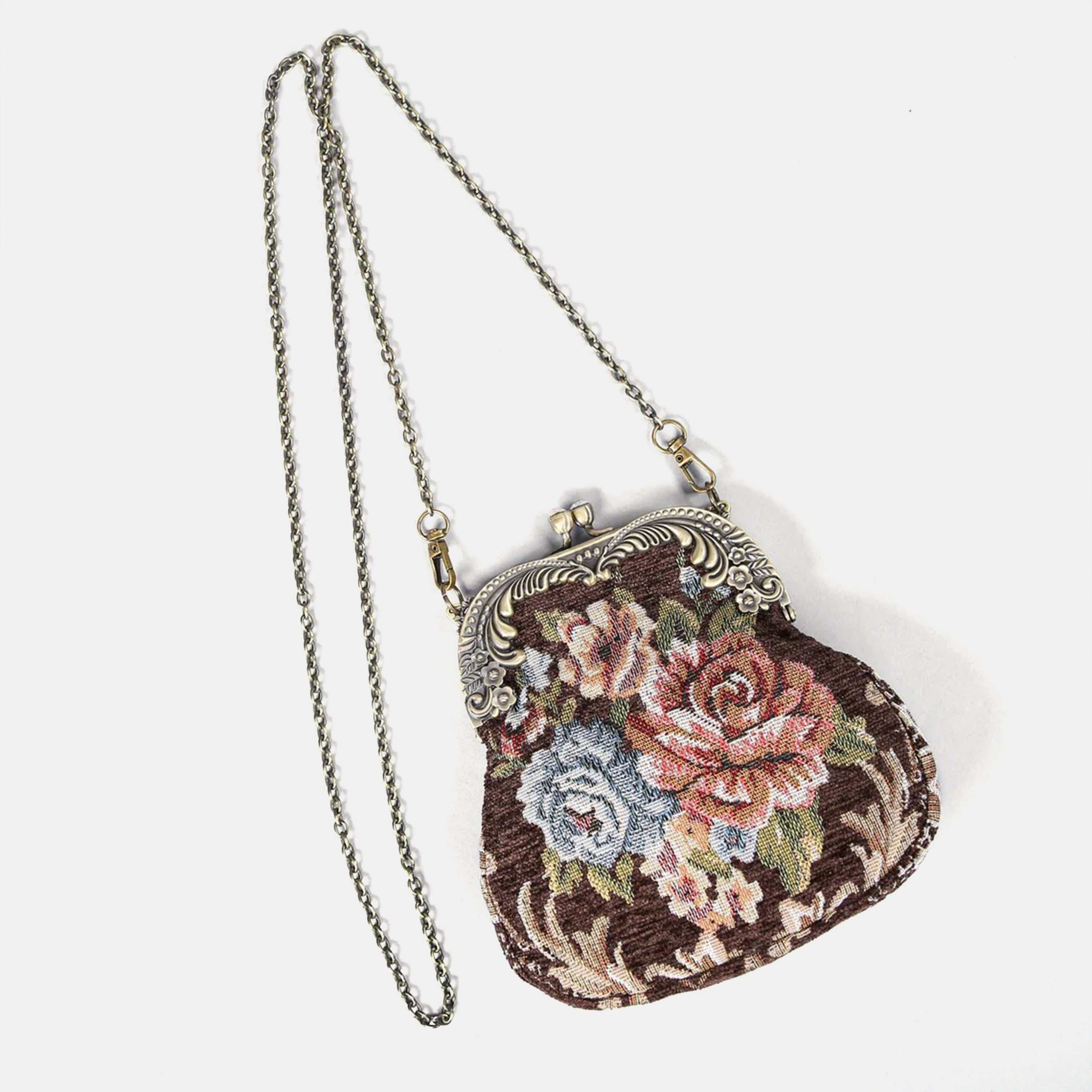 Floral Brown Chatelaine Purse Medium carpet bag of America with chain