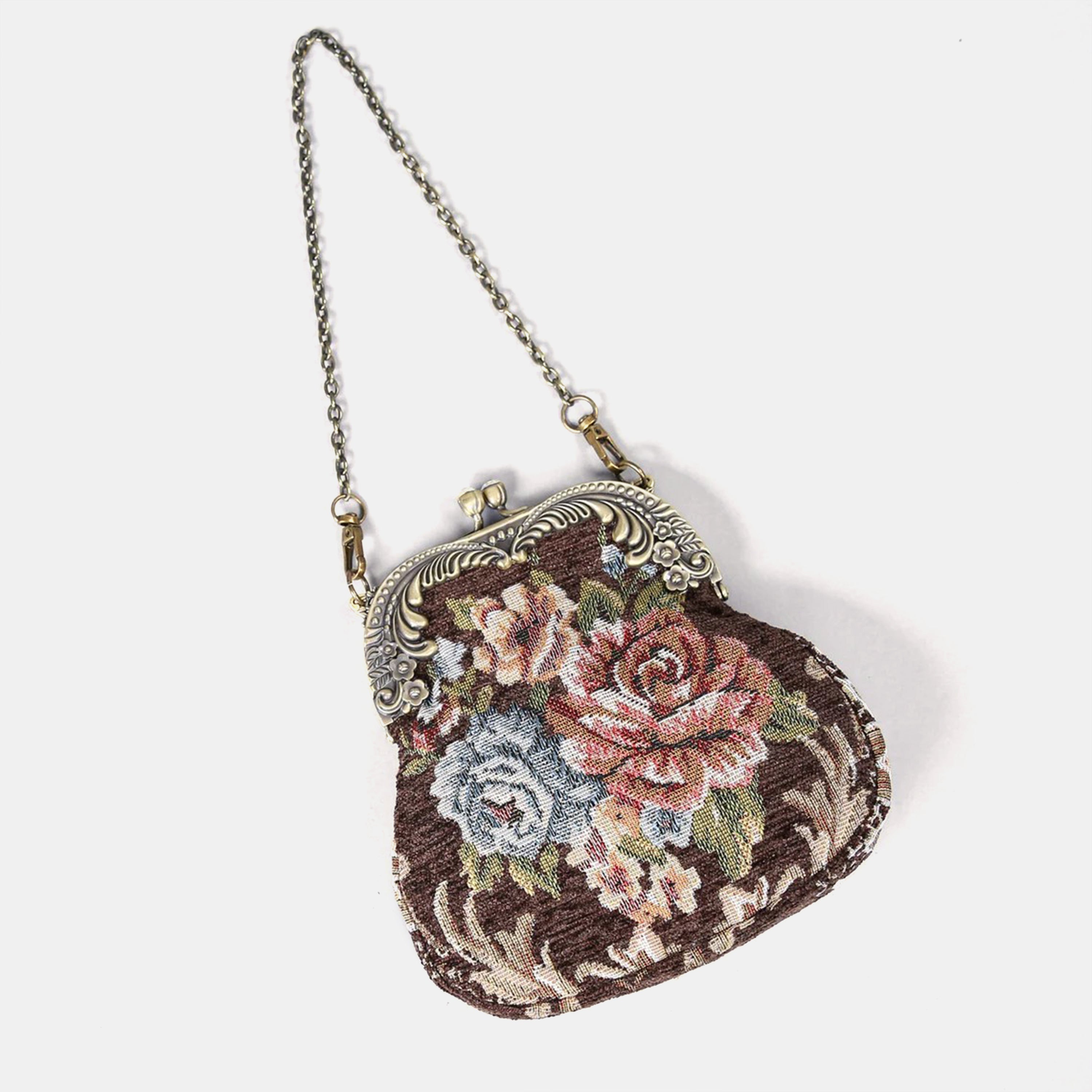 Floral Brown Chatelaine Purse Medium carpet bag of America in use