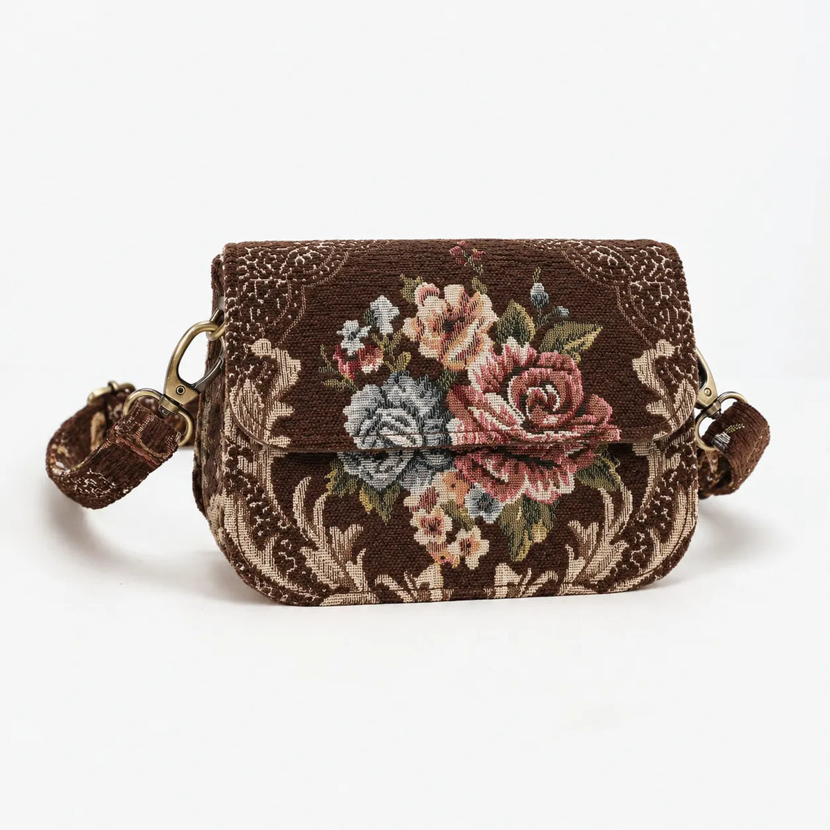 Floral Brown Flap Crossbody Bag carpet bag of America main