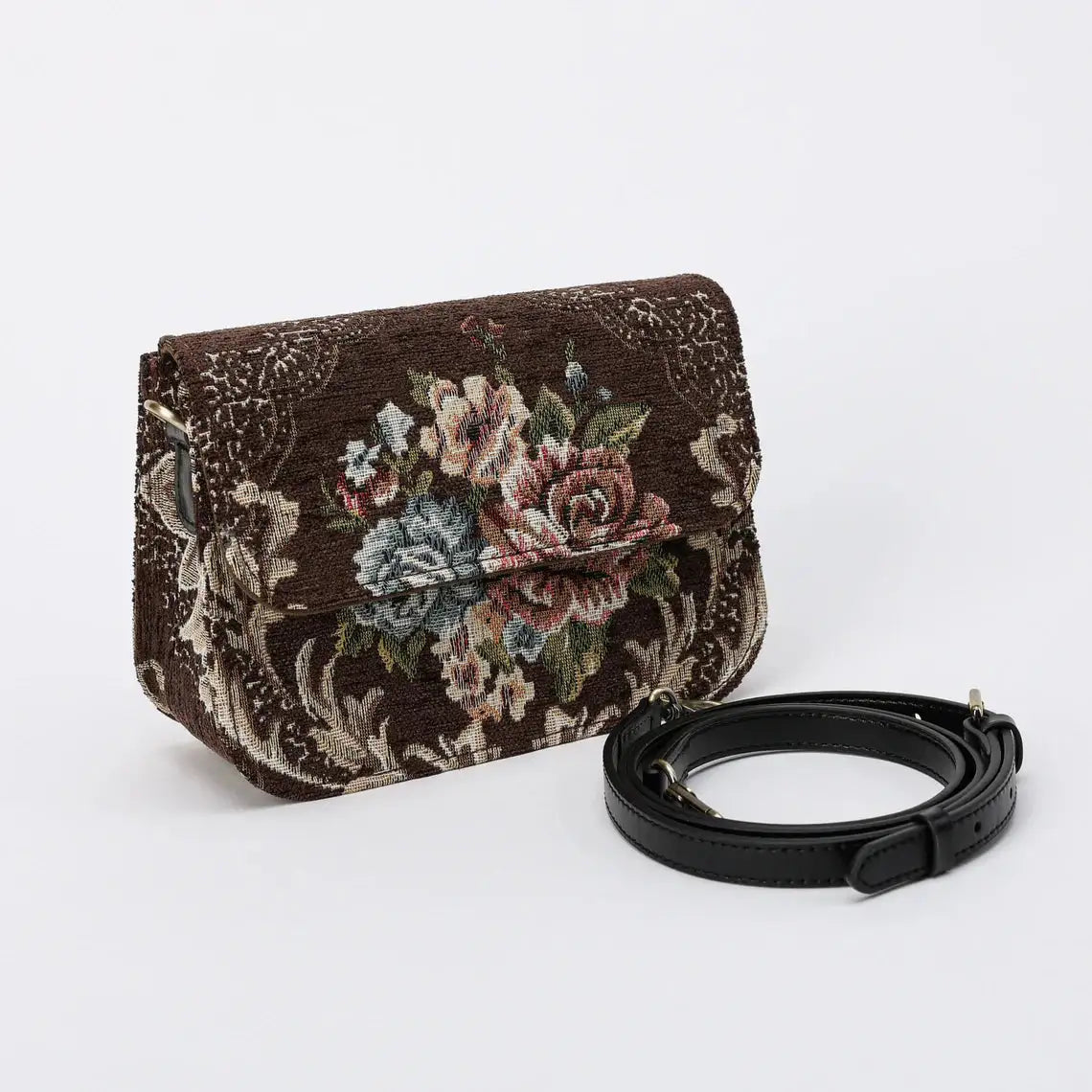 Floral Brown Flap Crossbody Bag carpet bag of America with shoulder strap