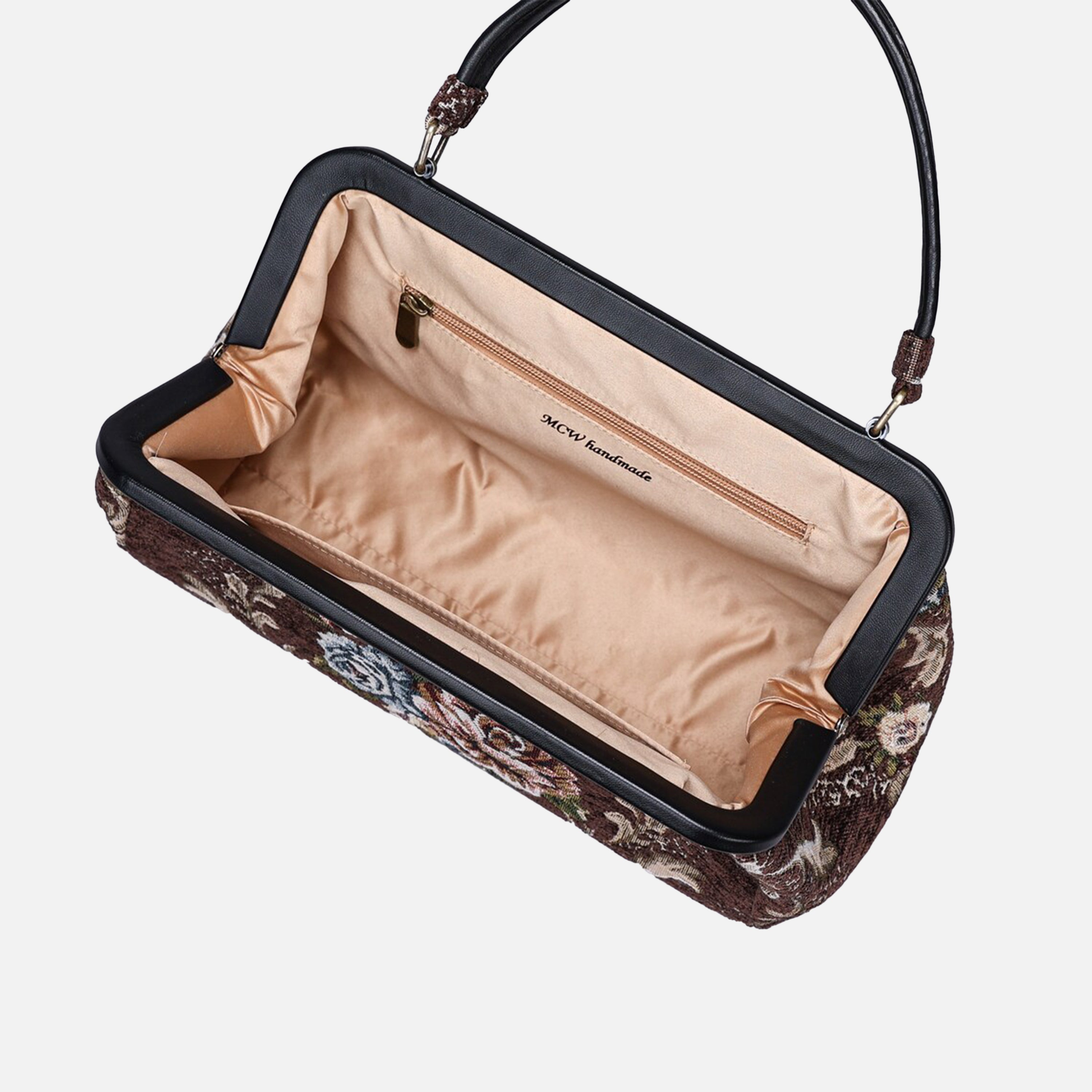 Floral Brown Top Handle Purse carpet bag of America inside
