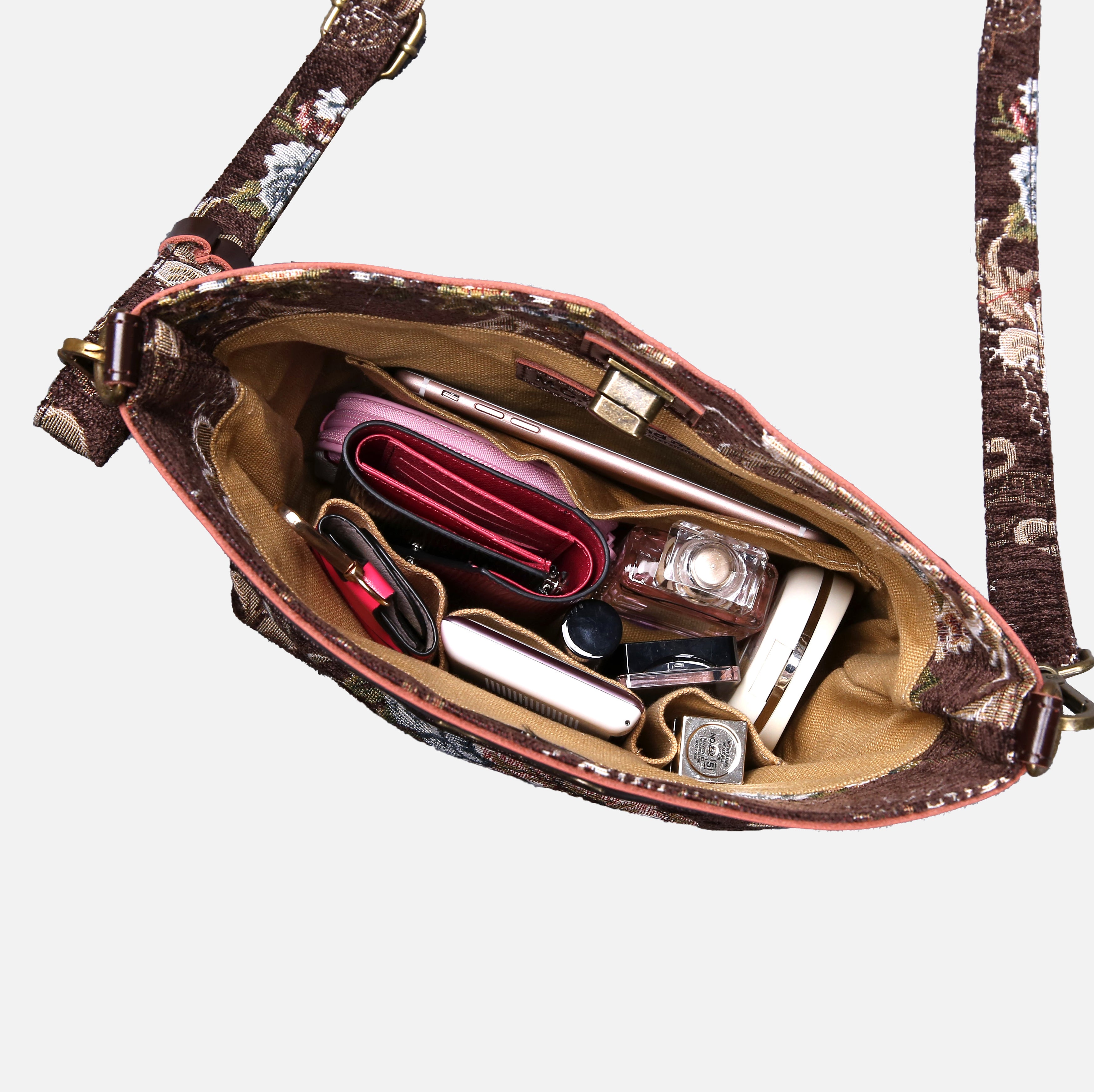 Traditional Coffee Carpet Crossbody Bag Carpetbag of America in use