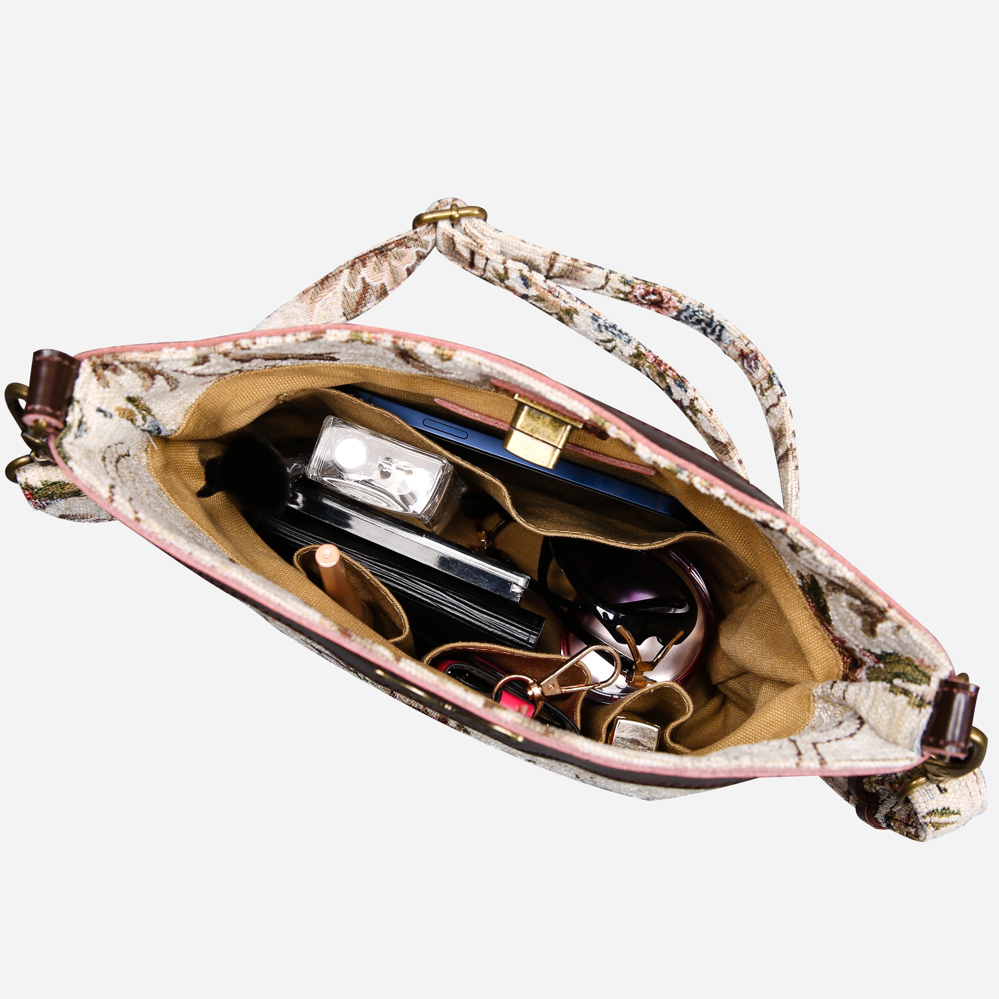 Floral Cream Carpet Crossbody Bag carpet bag MCW Handmade of America in use