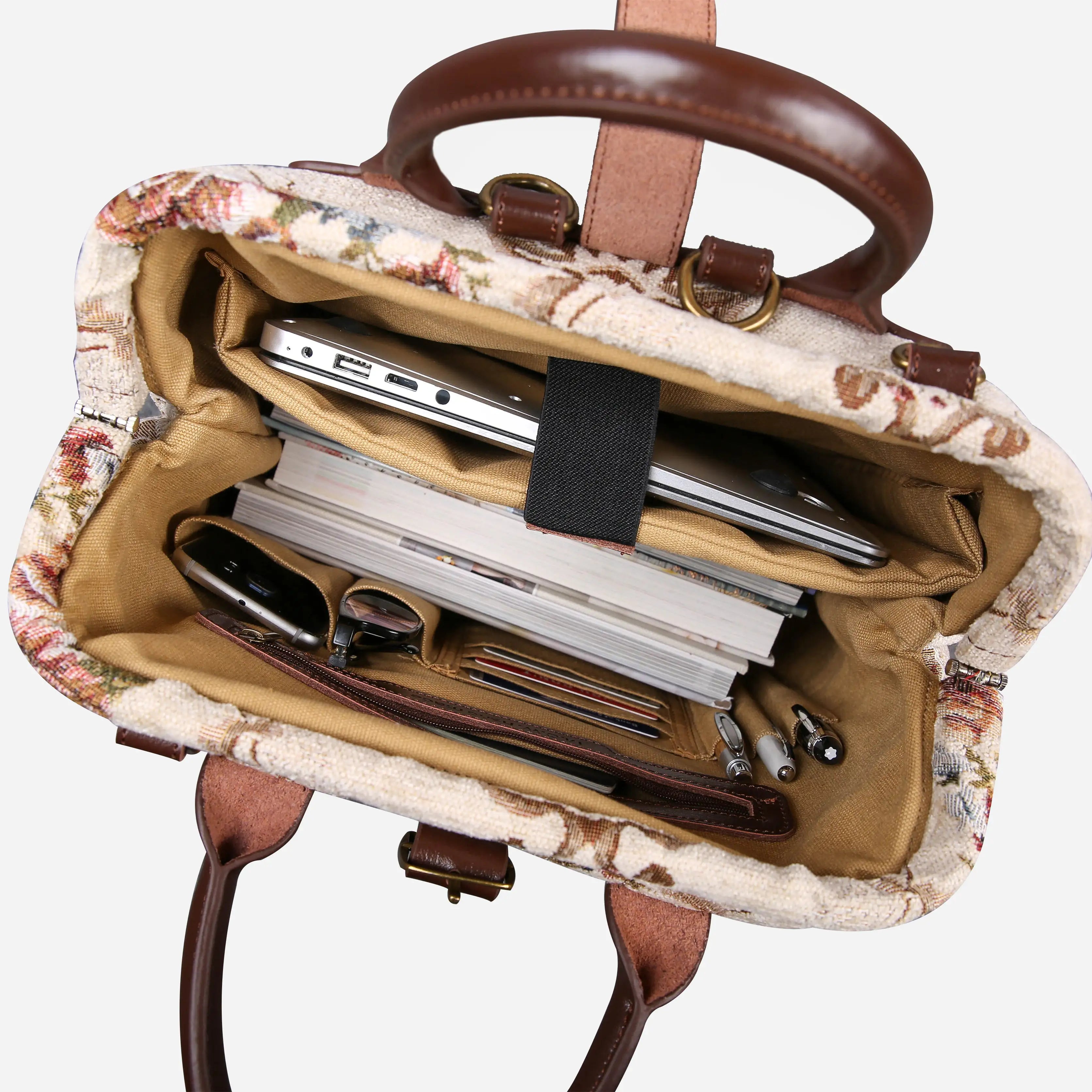 Floral Cream Carpet Laptop Backpack Carpetbag of America inside