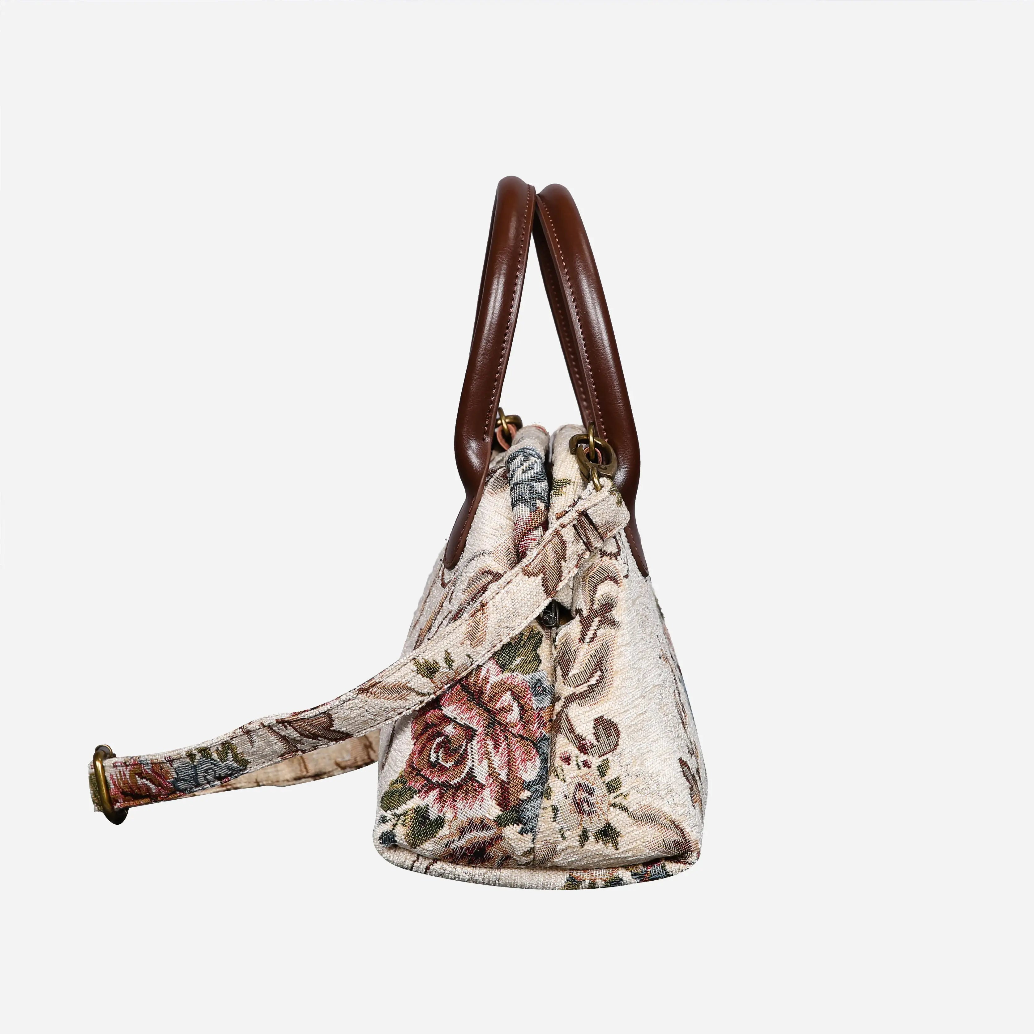 Floral Cream Carpet Satchel carpet bag MCW Handmade of America side