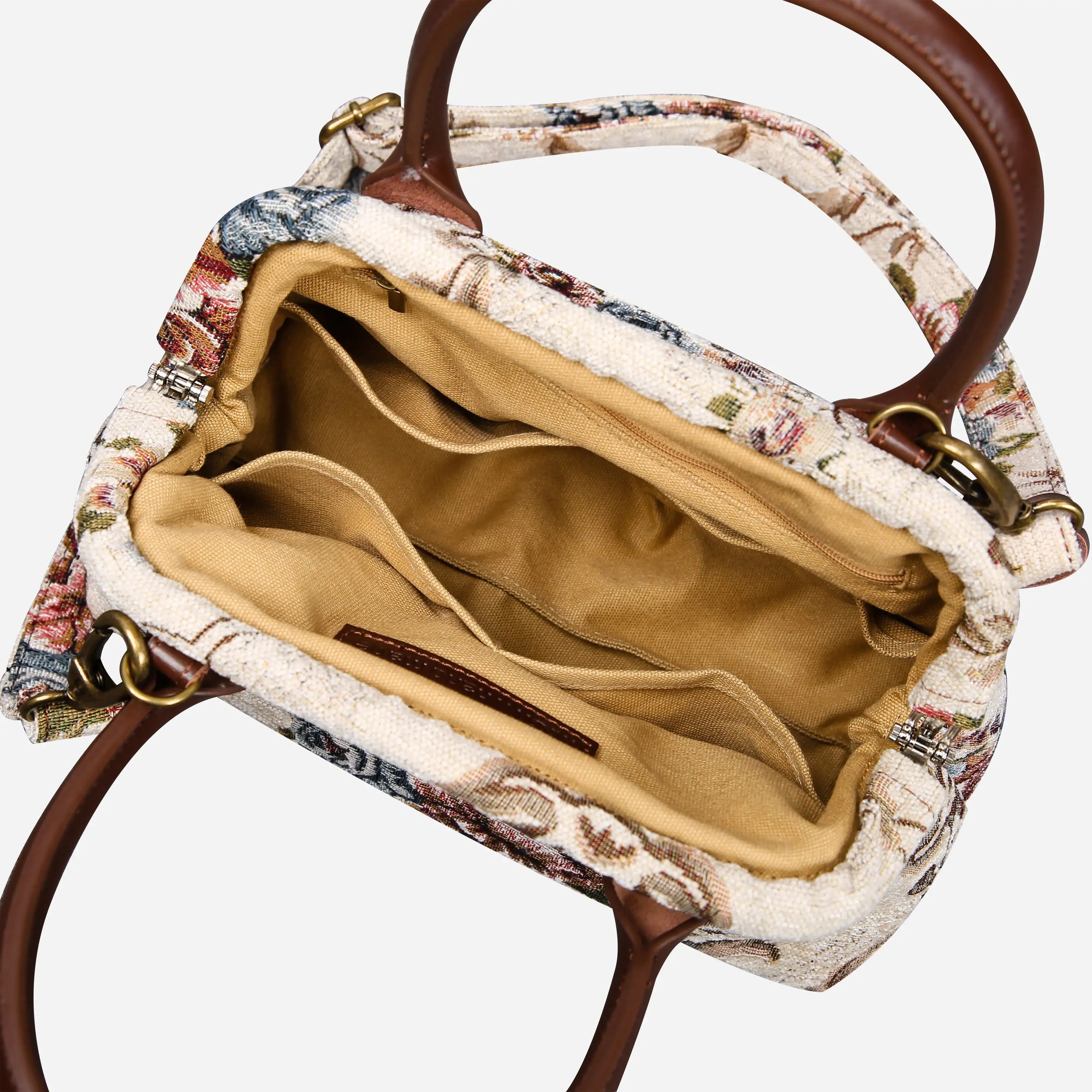 Floral Cream Carpet Satchel carpet bag MCW Handmade of America open