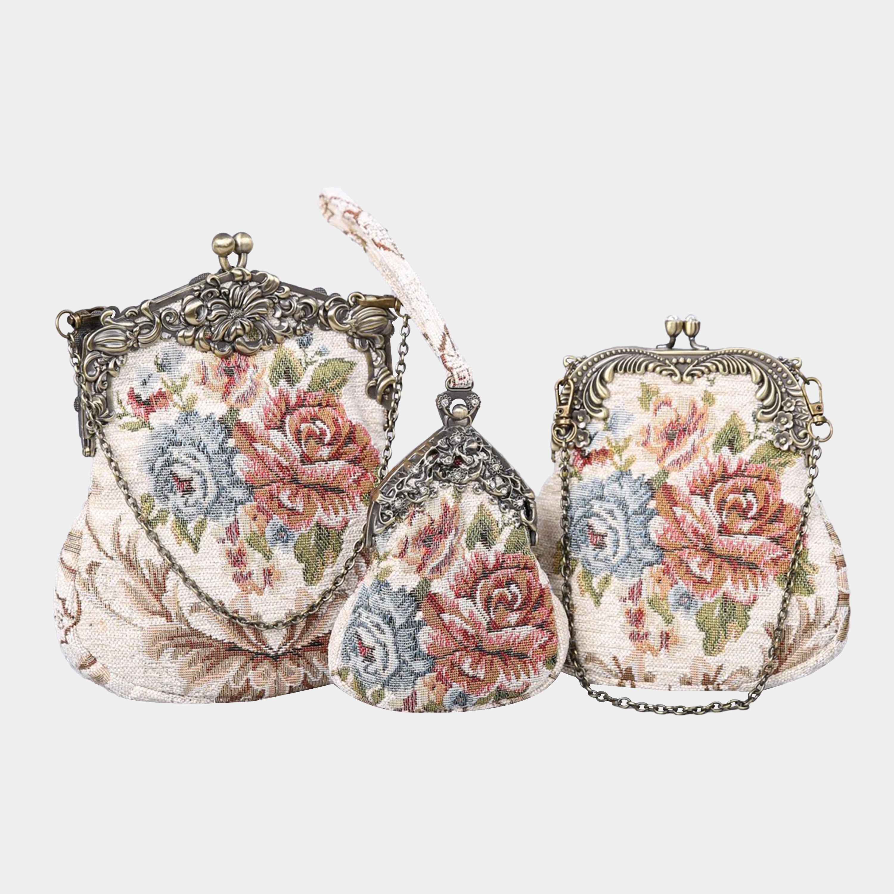 Floral Cream Chatelaine Purse Large carpet bag of America different size