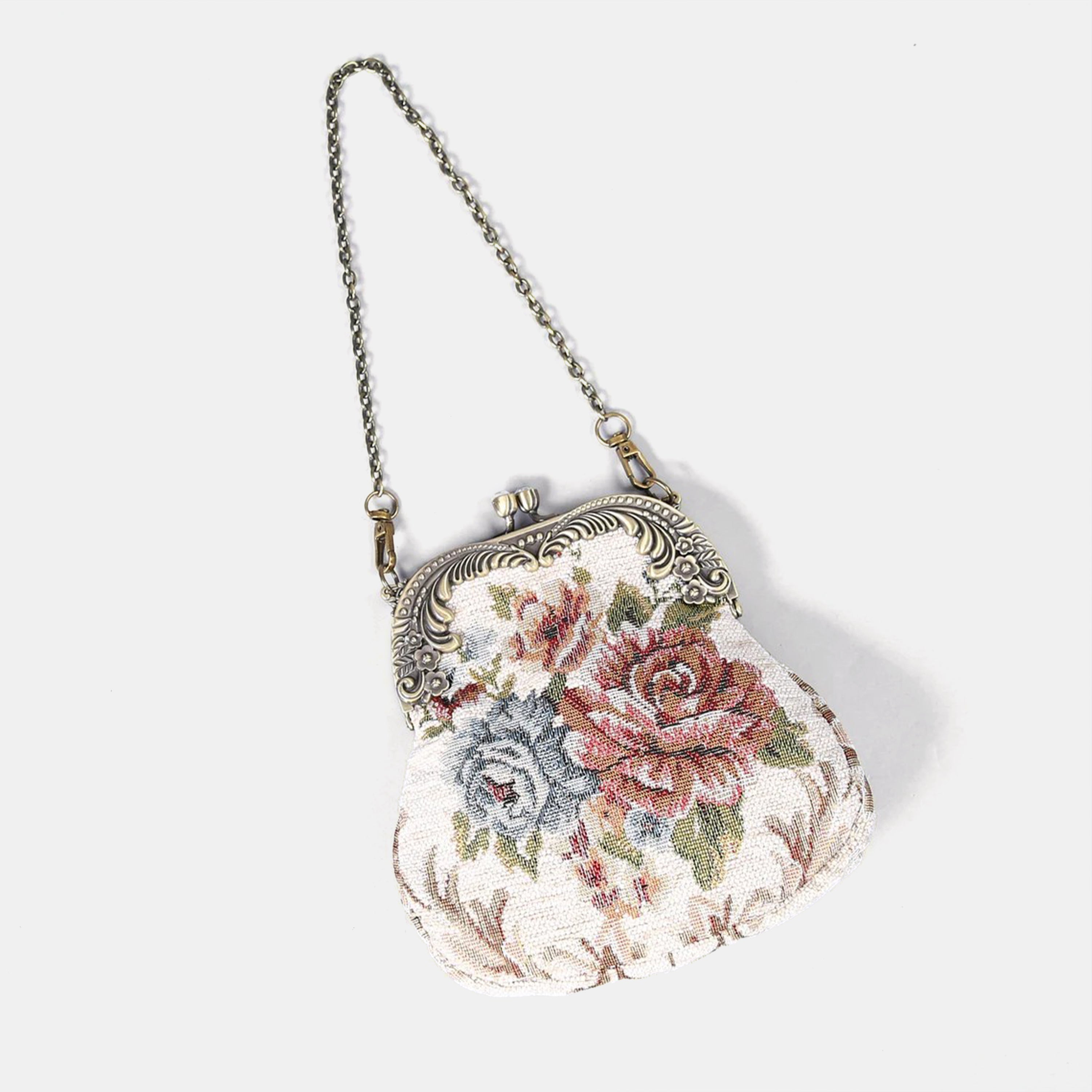 Floral Cream Chatelaine Purse Medium carpet bag of America with chain