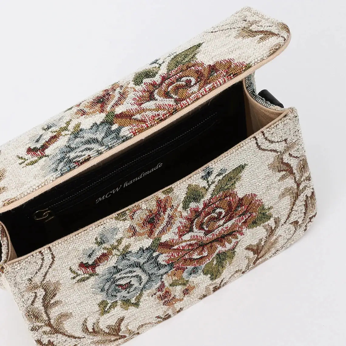 Floral Cream Flap Crossbody Bag carpet bag of America opening
