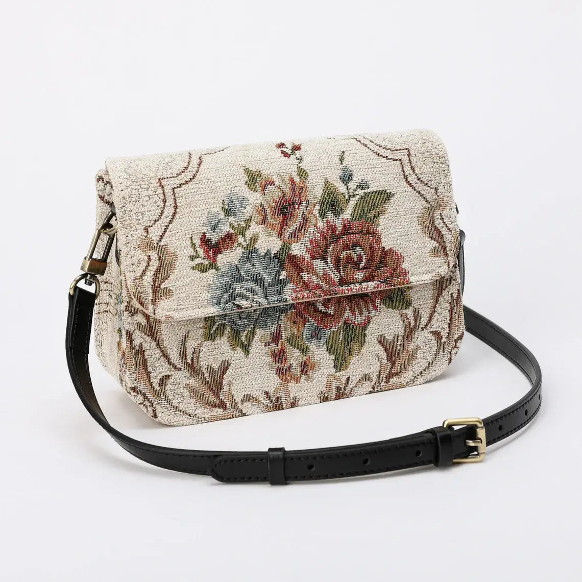 Floral Cream Flap Crossbody Bag carpet bag of America front