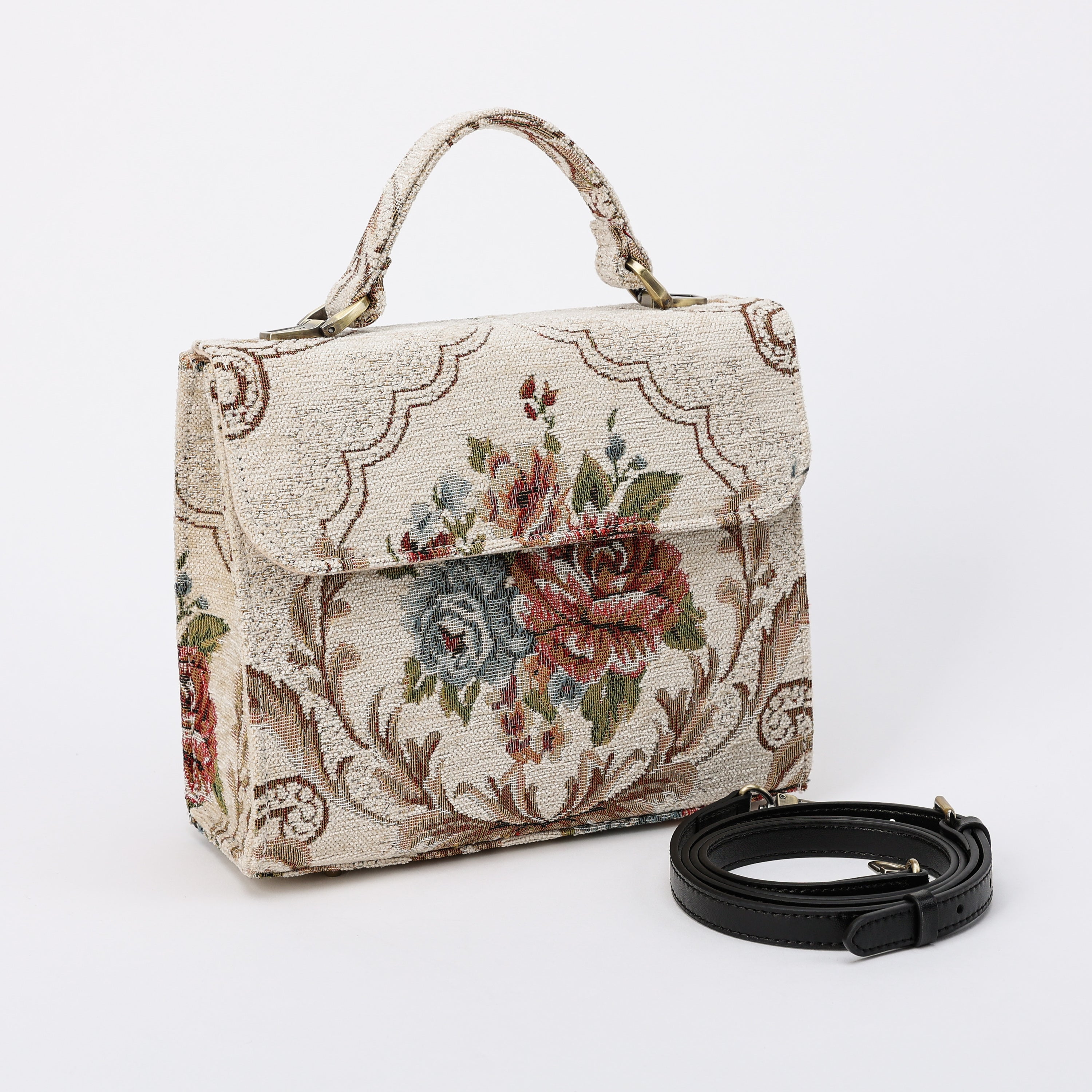 Floral Cream Flap Satchel Carpetbag of America front side