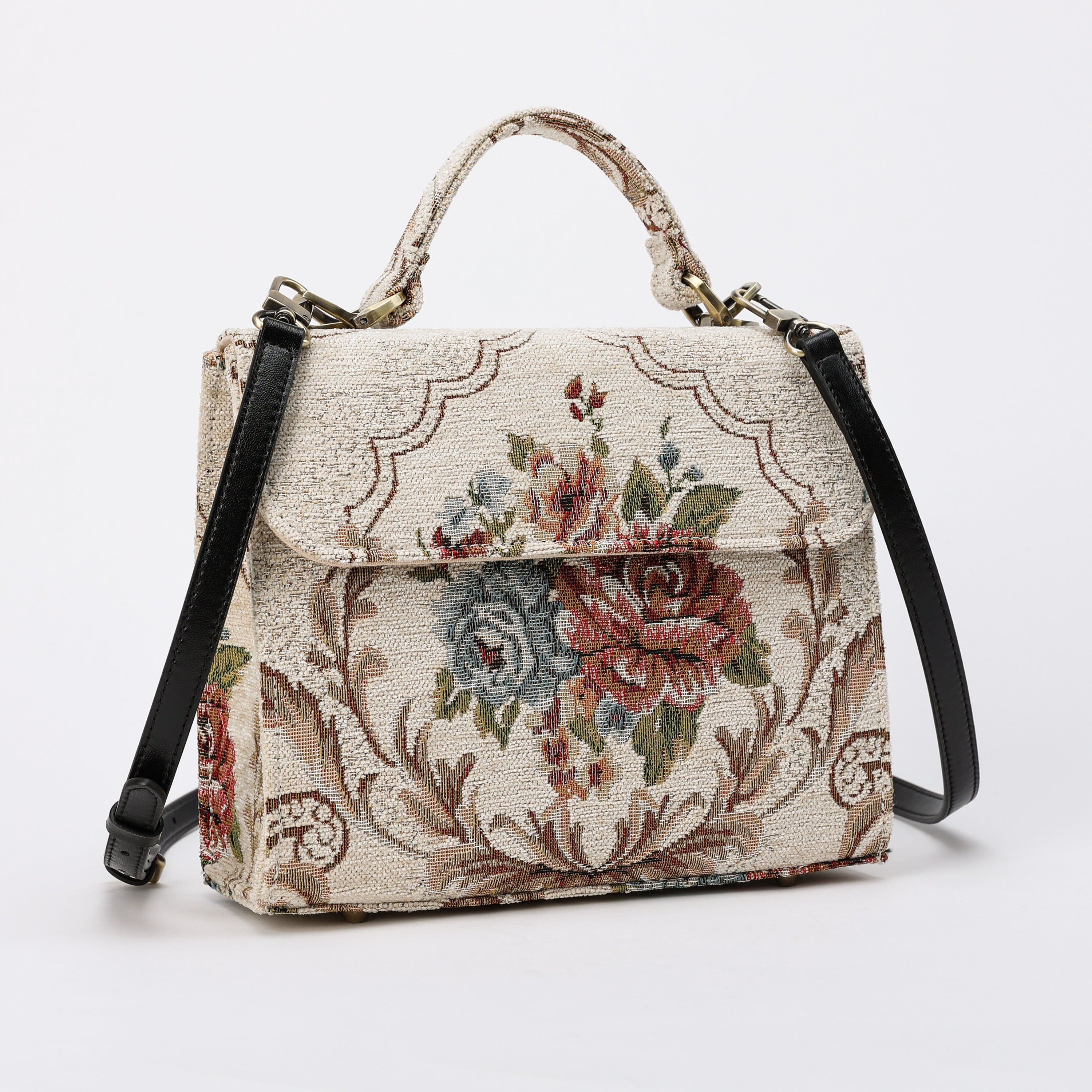 Floral Cream Flap Satchel Carpetbag of America with shoulder strap