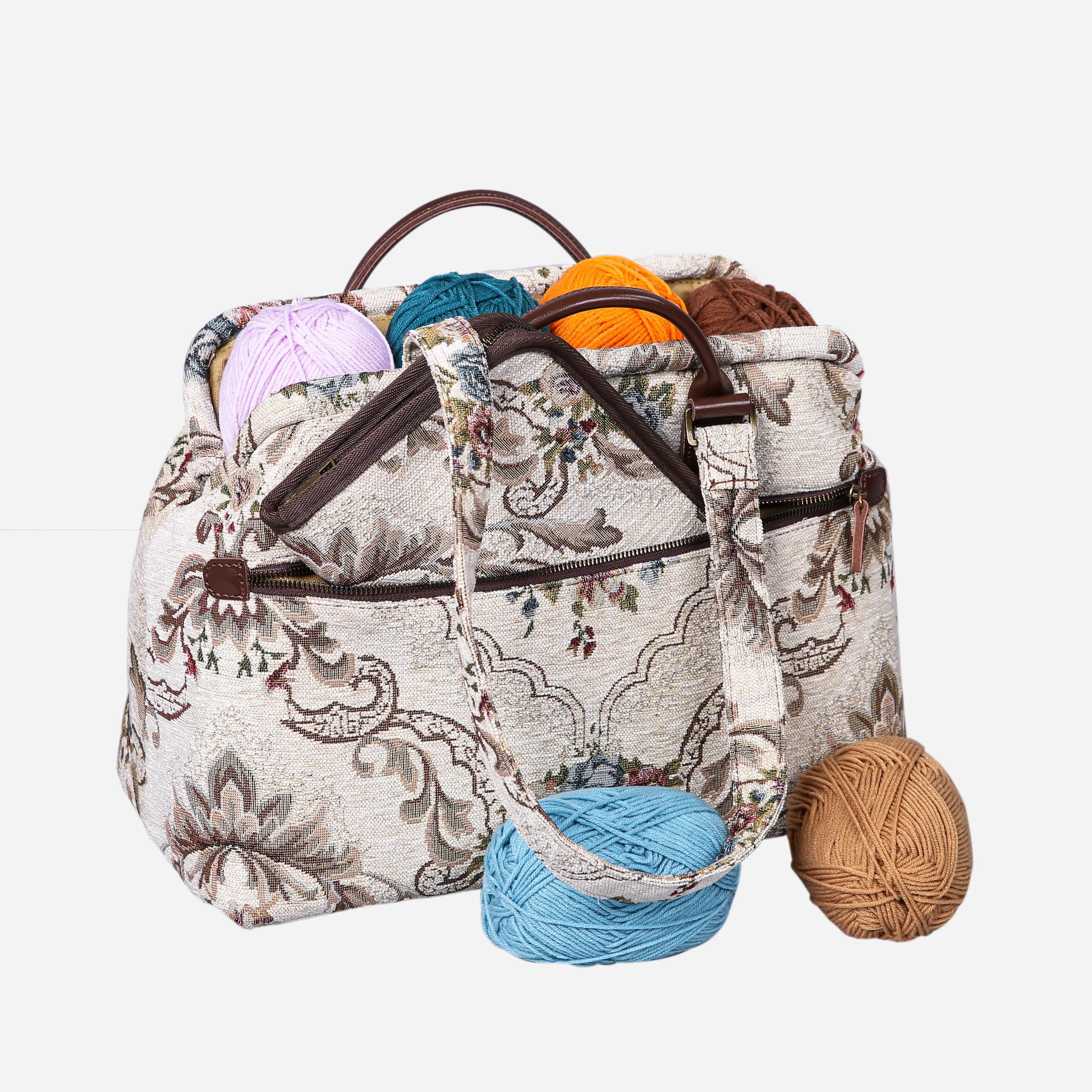 Floral Cream Knitting Project Bag of America-with yarn ball
