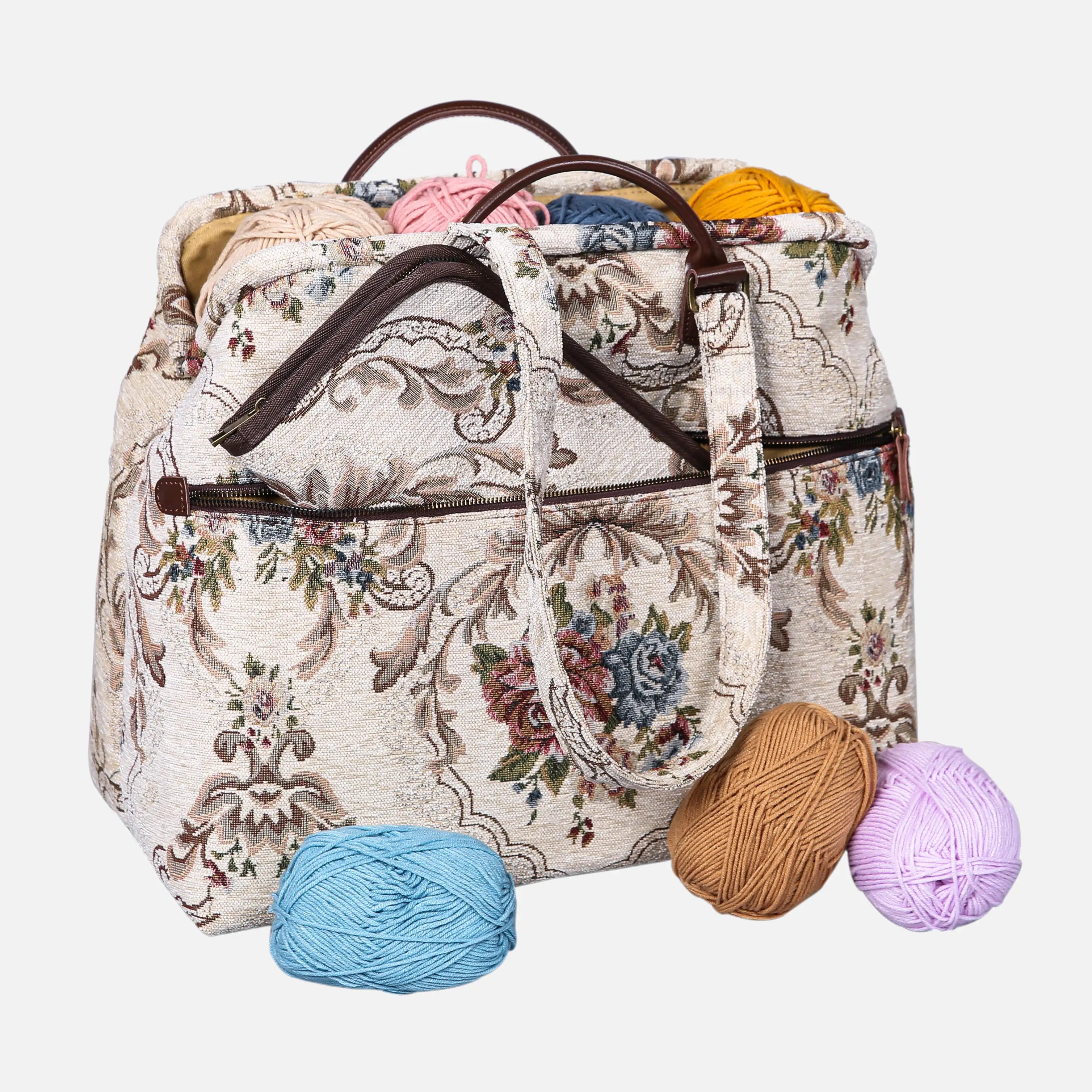 Floral Cream Knitting Project Bag of America-with yarn ball
