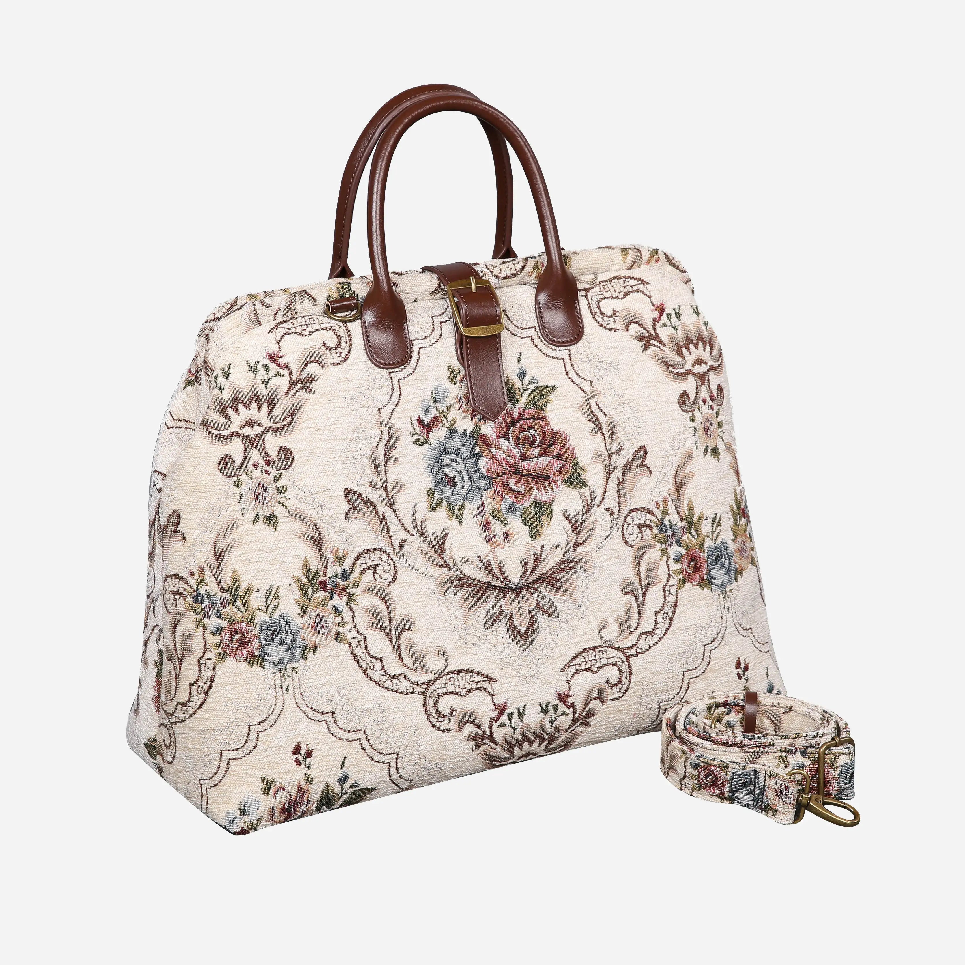 Floral Cream Mary Poppins Weekender Carpetbag with shoulder strap