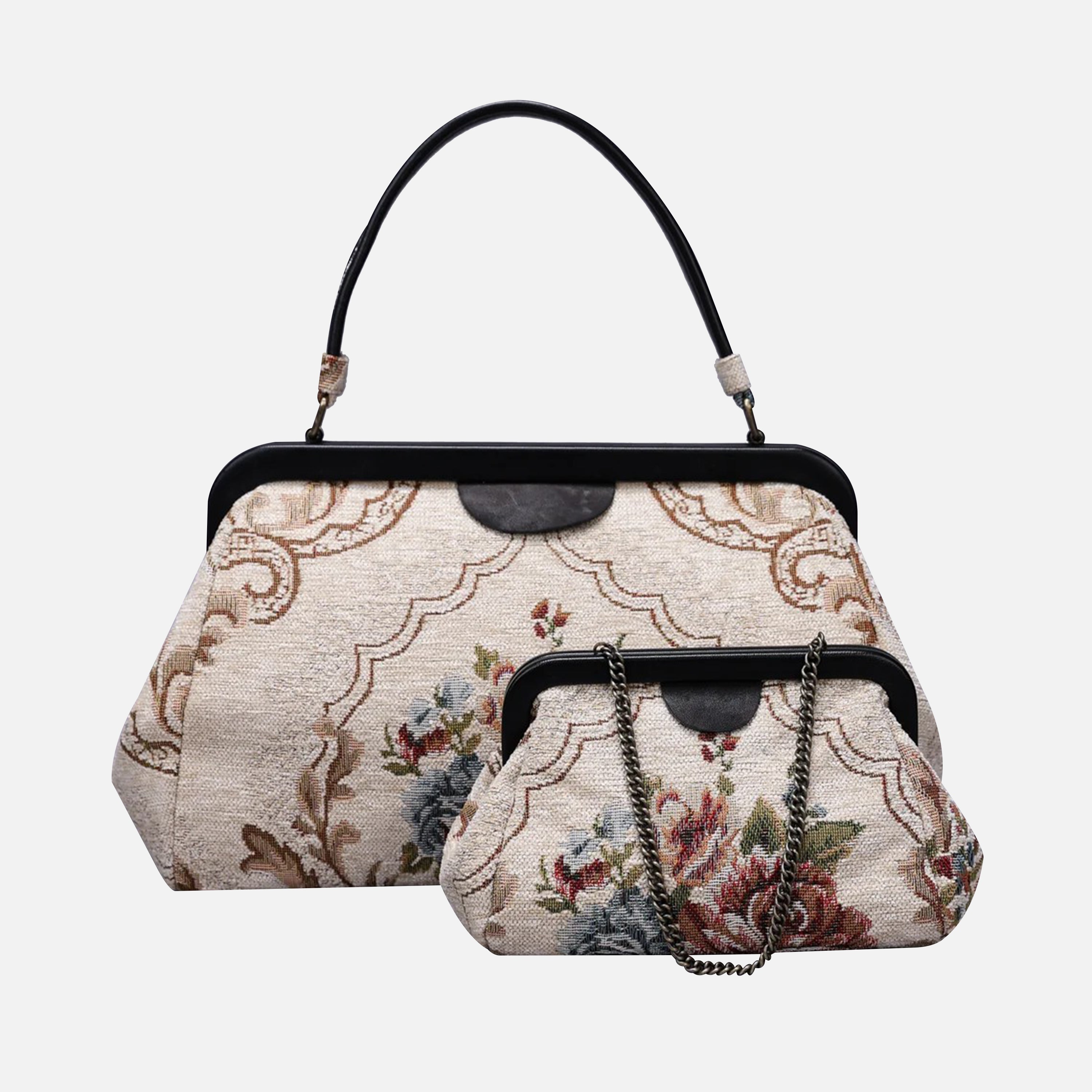 Floral Cream Top Handle Purse carpet bag of America different size