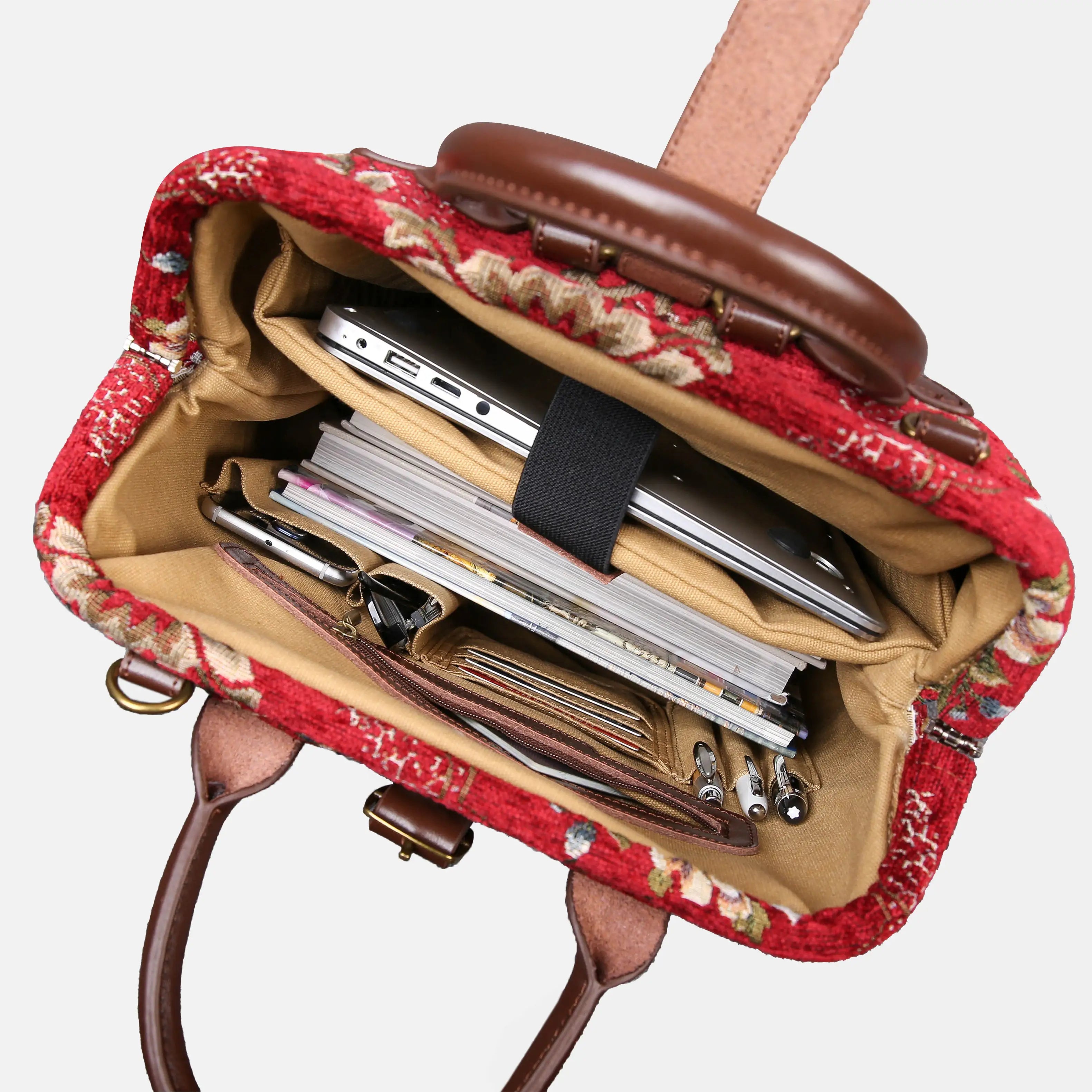 Floral Red Carpet Laptop Backpack Carpetbag of America inside