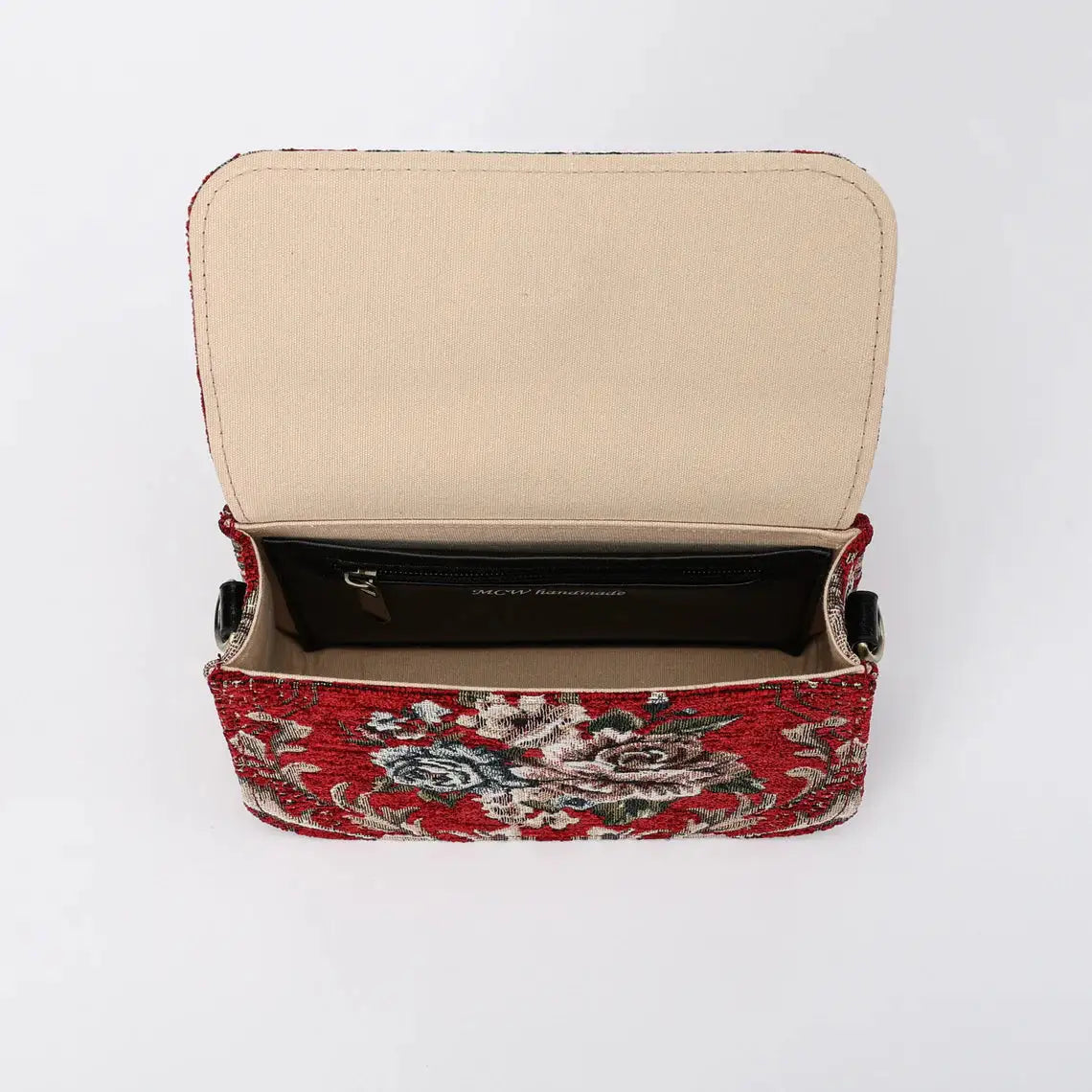 Floral Red Flap Crossbody Bag carpet bag of America inside