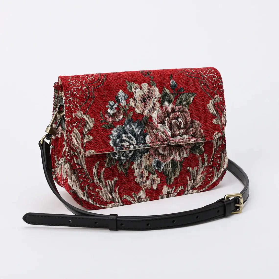 Floral Red Flap Crossbody Bag carpet bag of America front